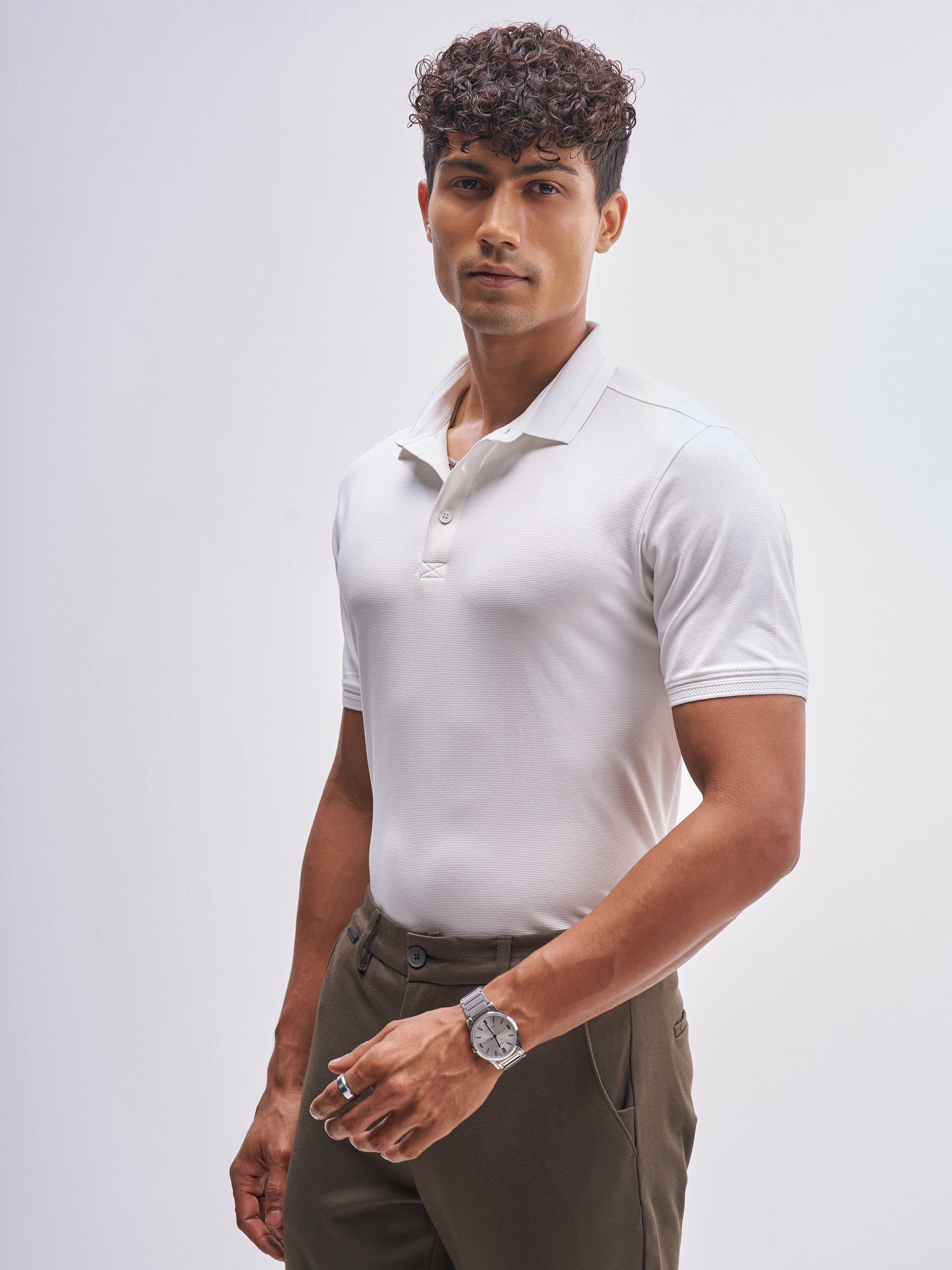 Highlander Men White Solid Polo Collar T-Shirt - White - Image 4