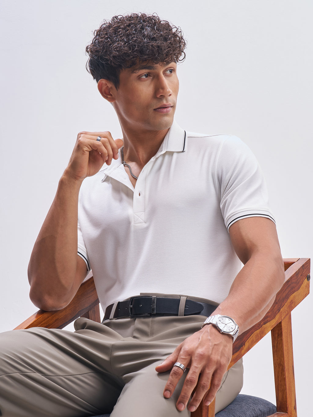 Highlander Men Off White Solid Polo Collar T-Shirt - Off White - Image 1