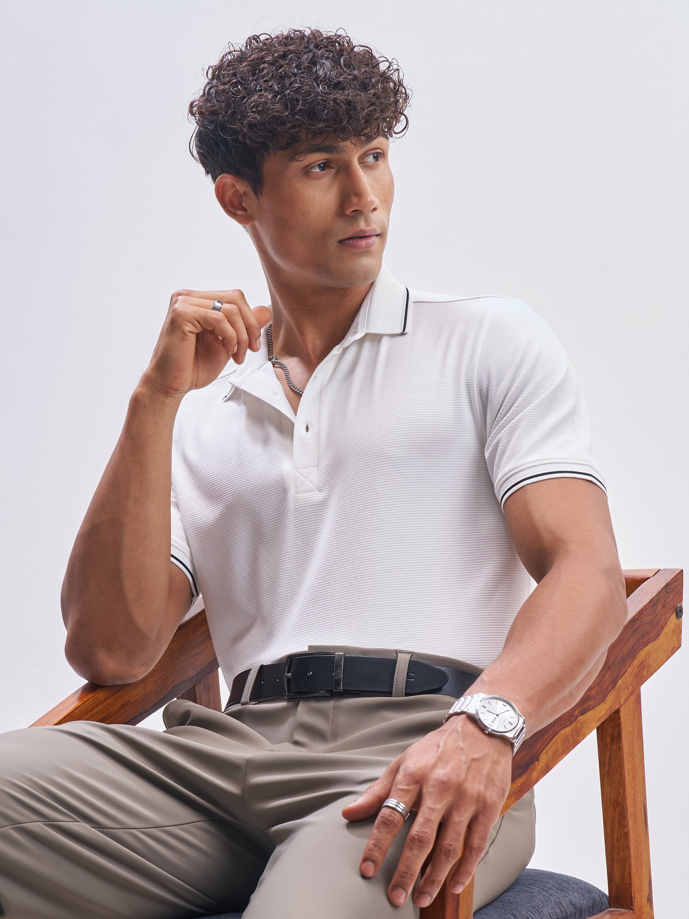 Highlander Men Off White Solid Polo Collar T-Shirt - Off White - Image 1
