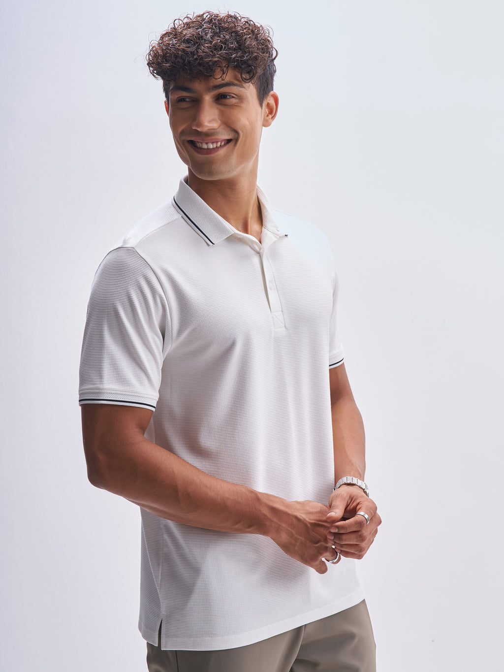 Highlander Men Off White Solid Polo Collar T-Shirt - Off White - Image 6