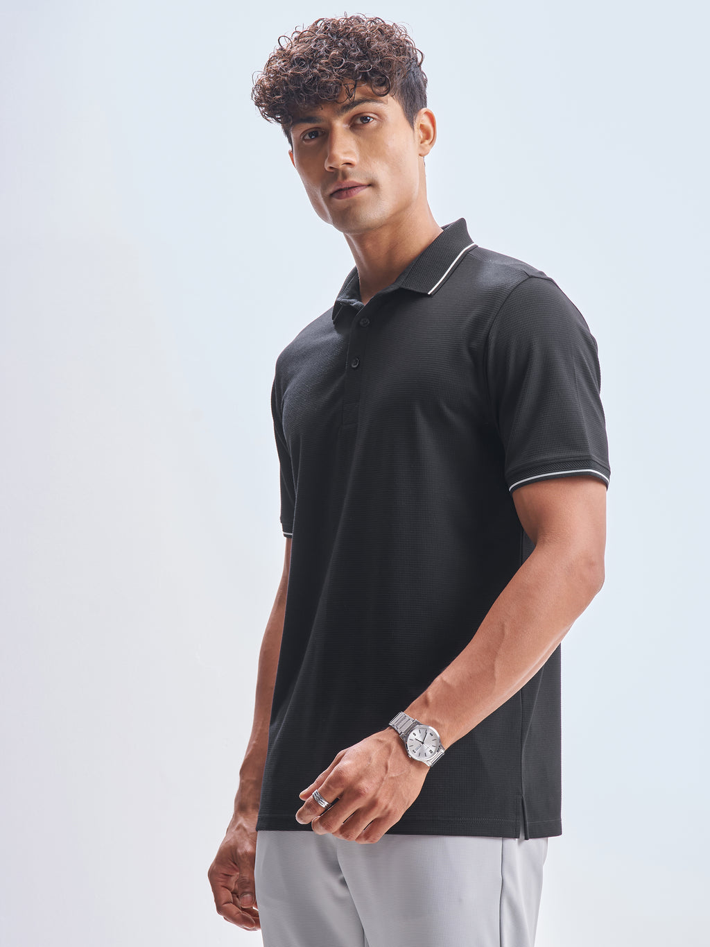 Highlander Men Black Solid Polo Collar T-Shirt - Black - Image 4