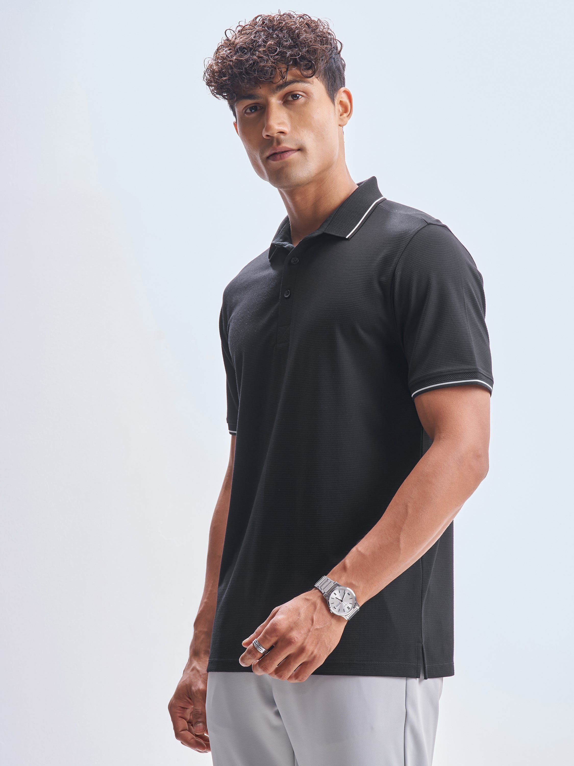 Highlander Men Black Solid Polo Collar T-Shirt - Black - Image 4