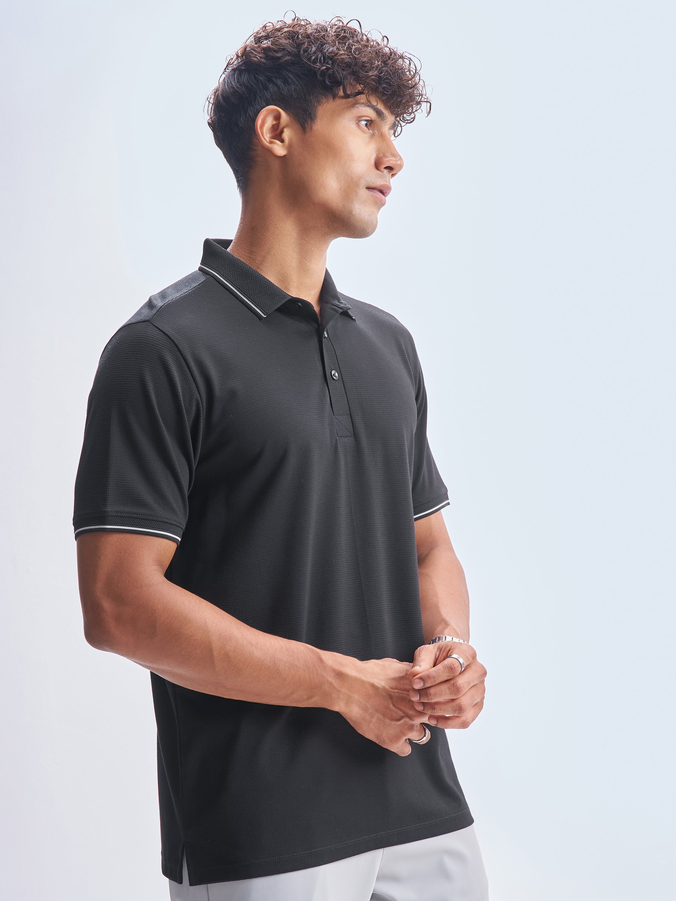 Highlander Men Black Solid Polo Collar T-Shirt - Black - Image 6
