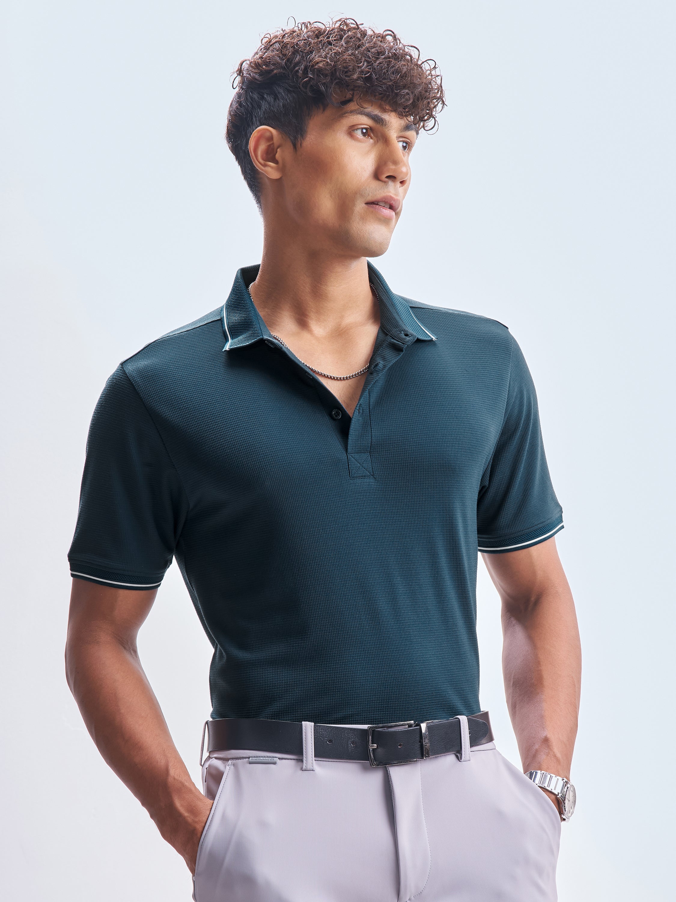 Highlander Men Navy Blue Solid Polo Collar T-Shirt - Navy Blue - Image 1