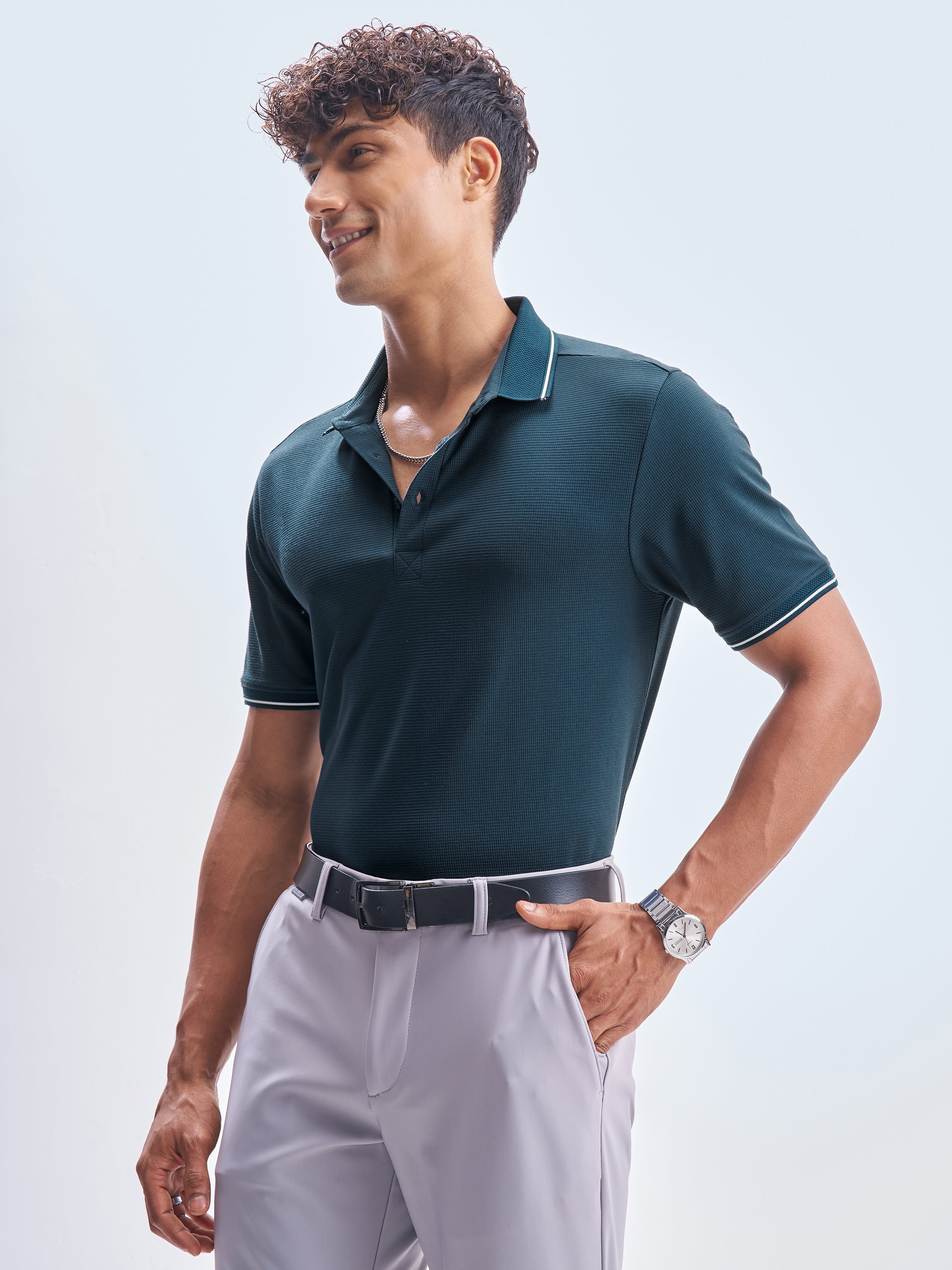 Highlander Men Navy Blue Solid Polo Collar T-Shirt - Navy Blue - Image 4