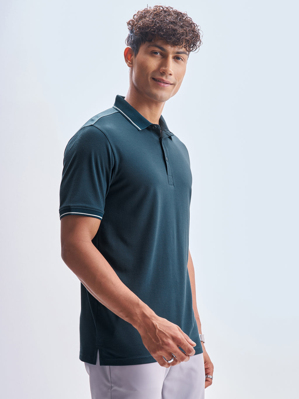 Highlander Men Navy Blue Solid Polo Collar T-Shirt - Navy Blue - Image 6