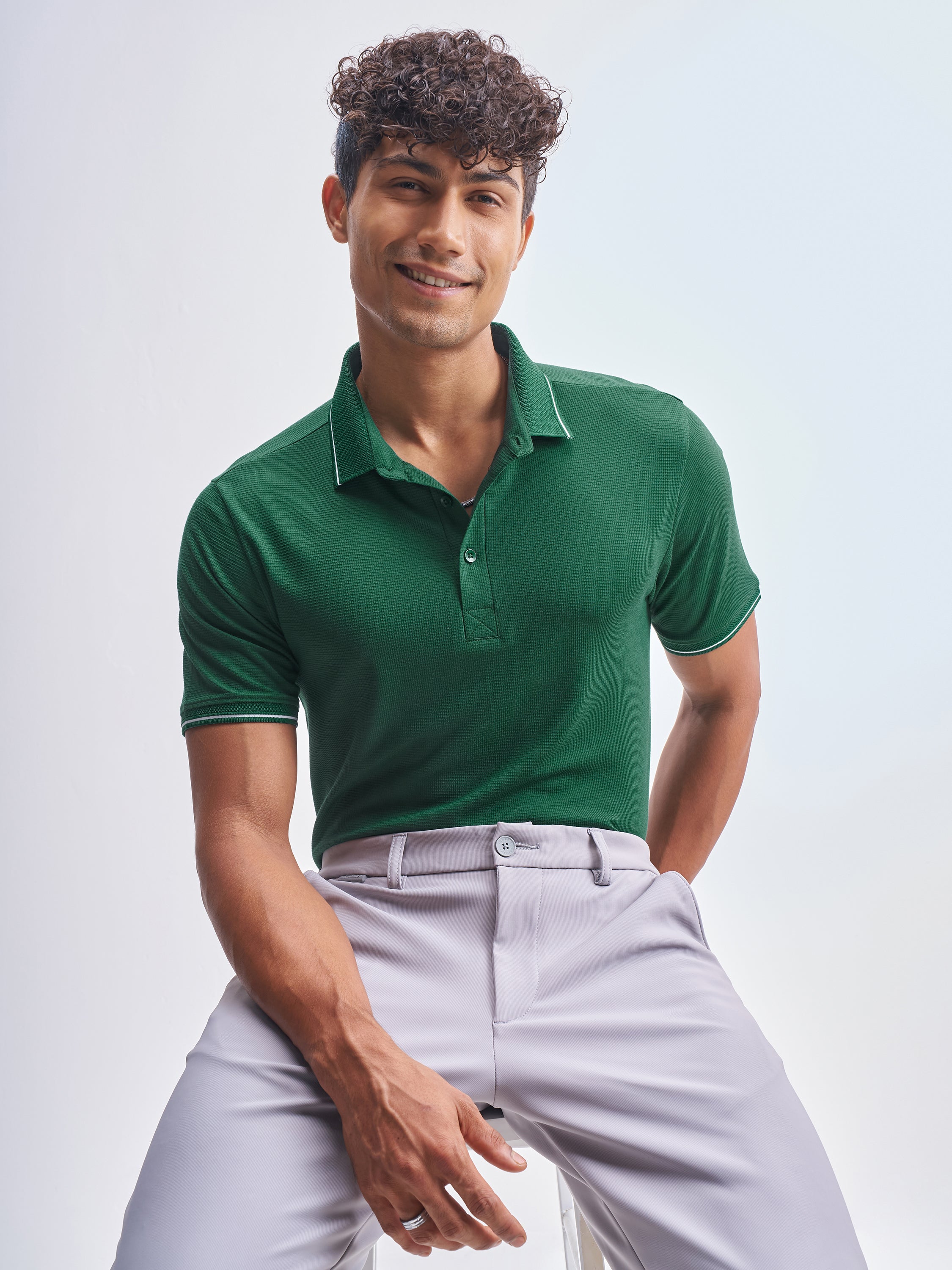 Highlander Men Green Solid Polo Collar T-Shirt - Green - Image 1