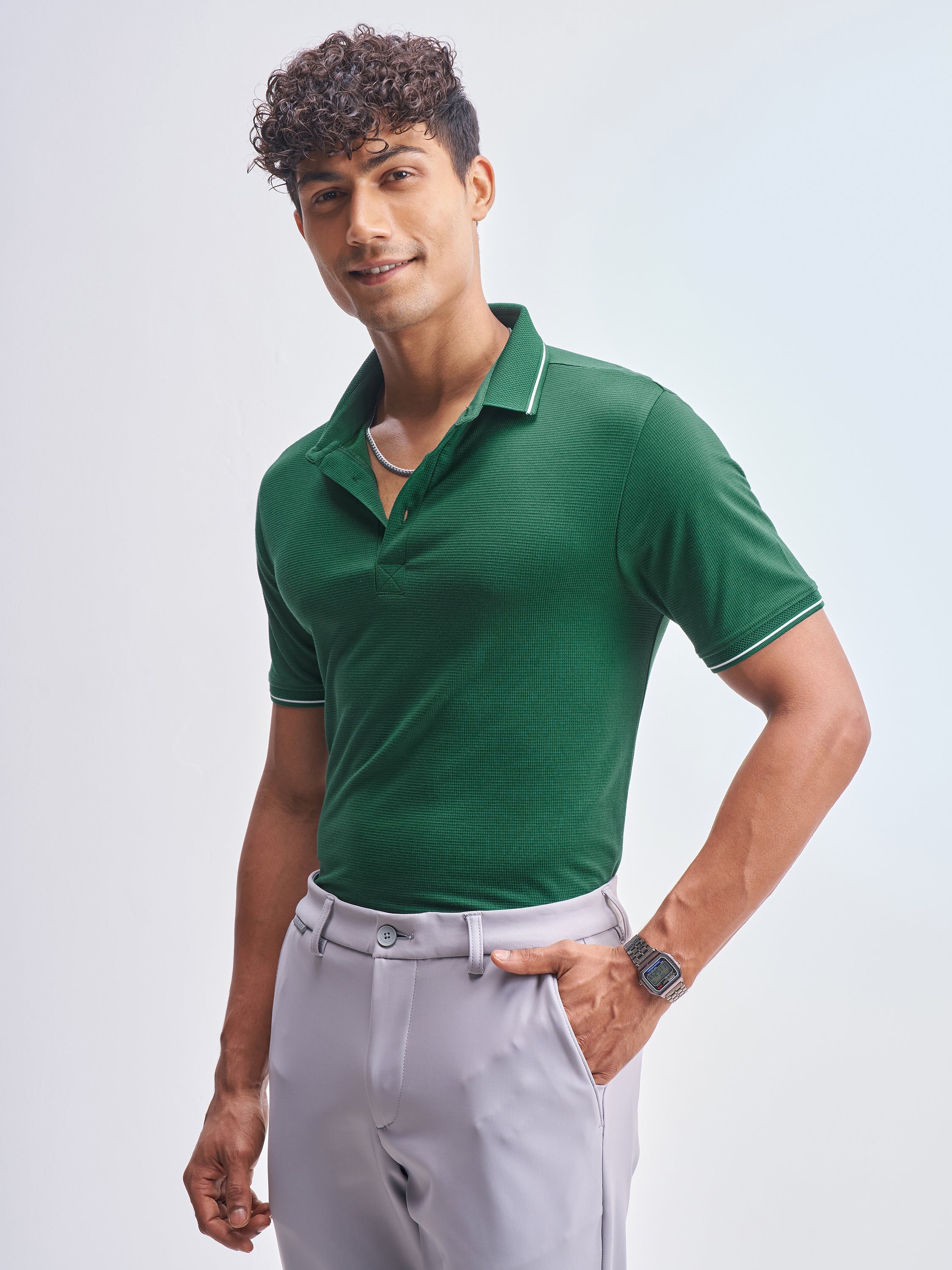 Highlander Men Green Solid Polo Collar T-Shirt - Green - Image 4