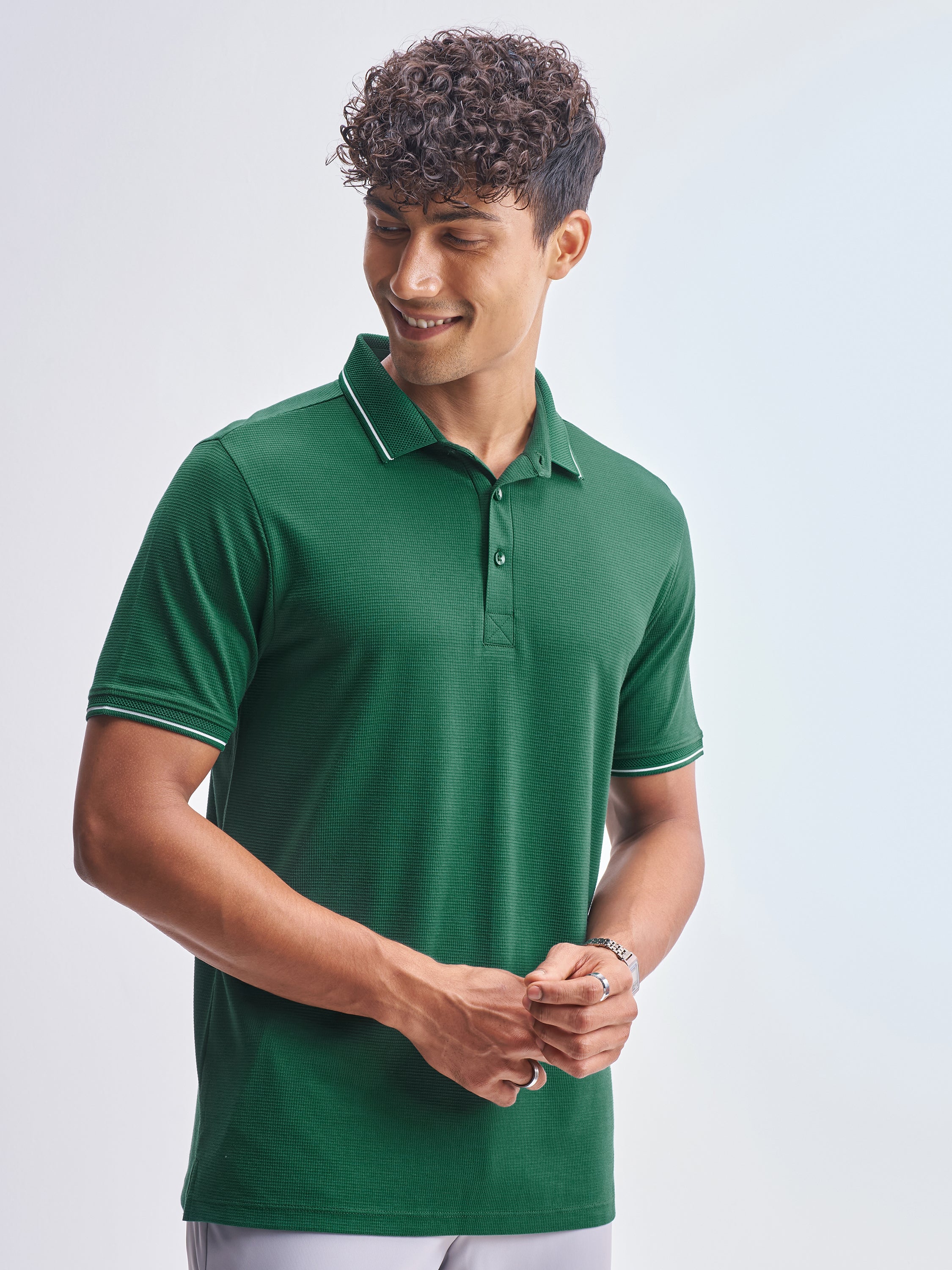 Highlander Men Green Solid Polo Collar T-Shirt - Green - Image 6