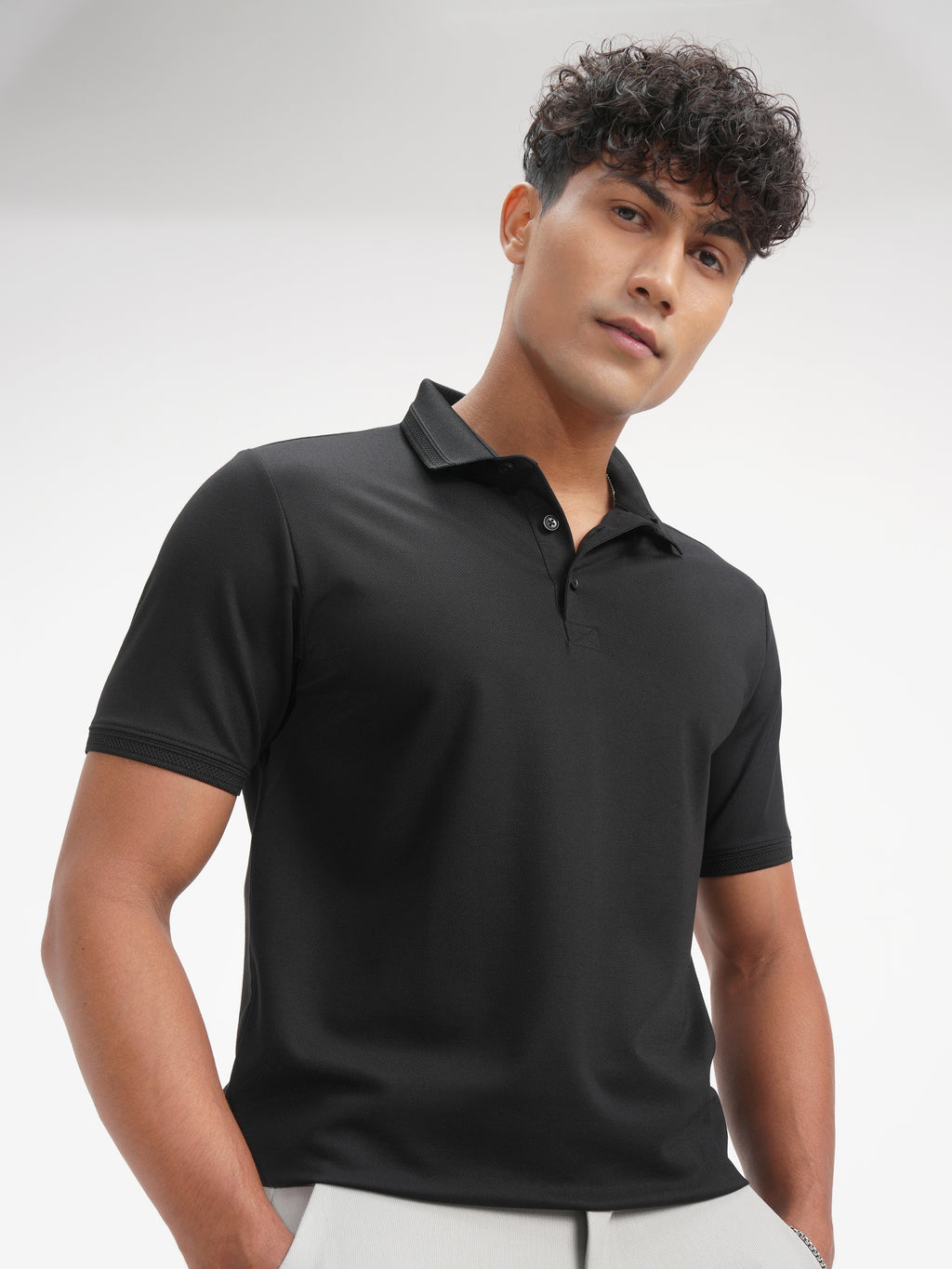Highlander Men Black Solid Polo Collar T-Shirt - Black - Image 1