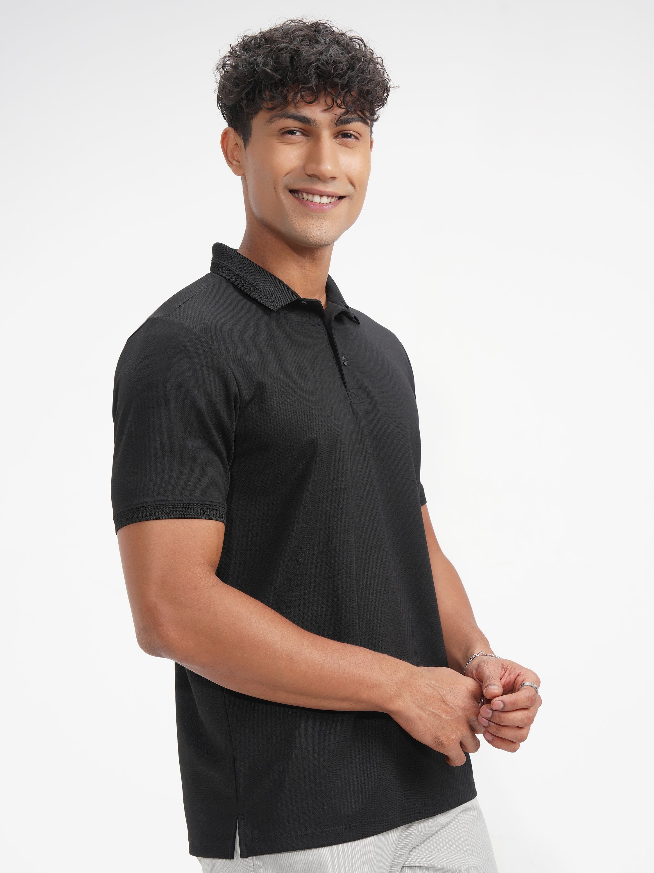 Highlander Men Black Solid Polo Collar T-Shirt - Black - Image 6