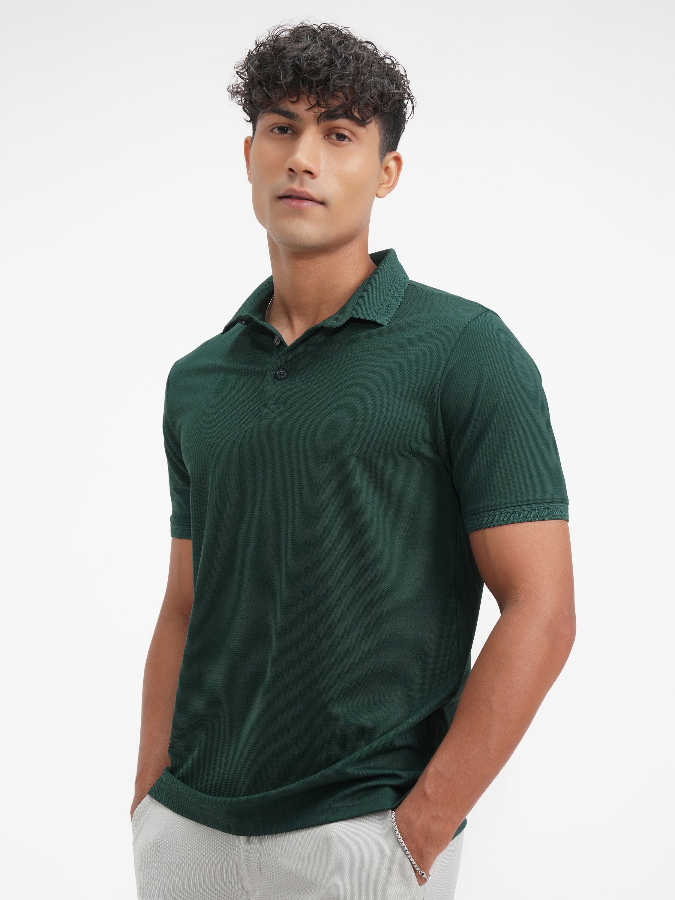 Highlander Men Green Solid Polo Collar T-Shirt - Green - Image 4