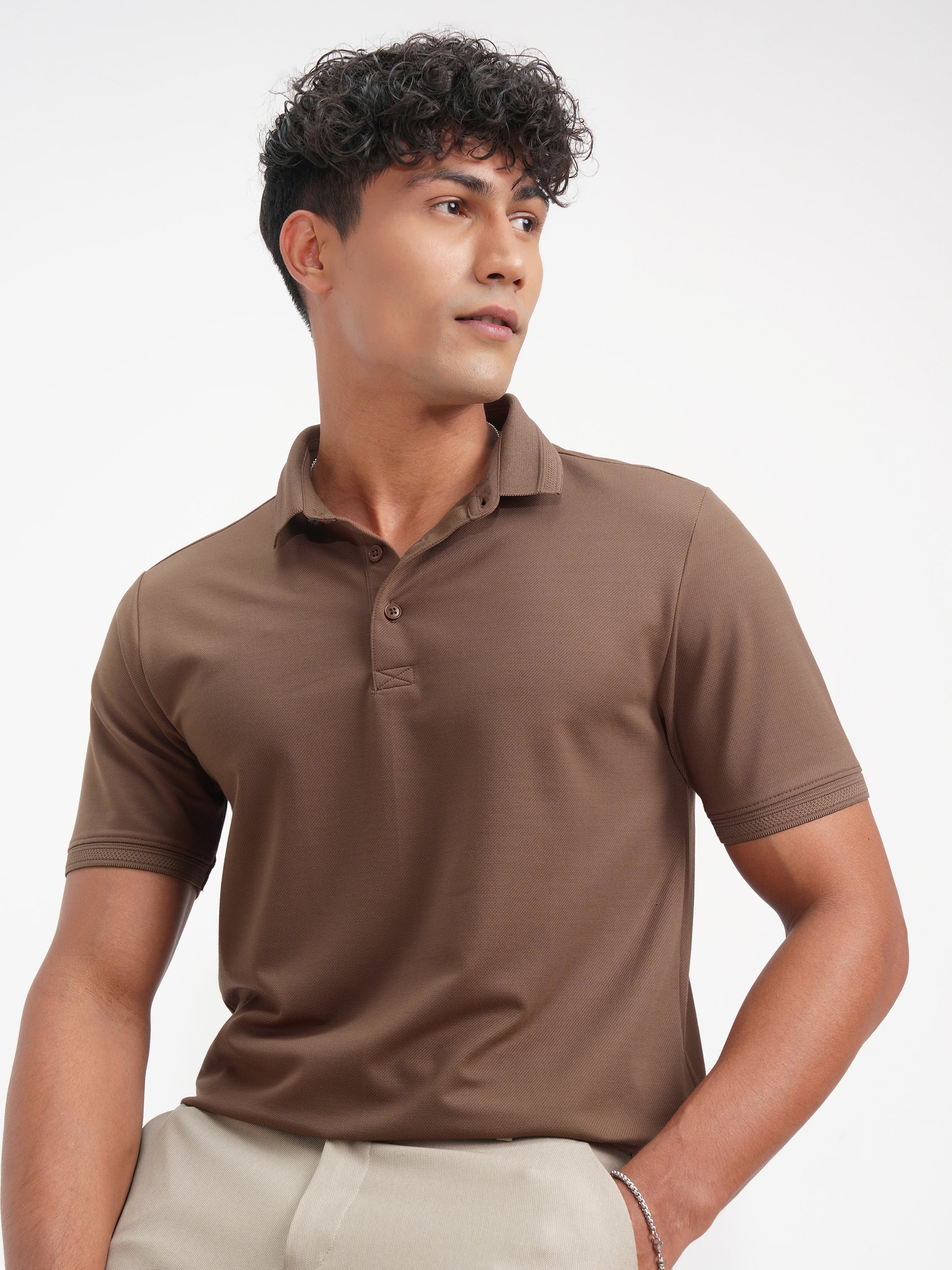 Highlander Men Brown Solid Polo Collar T-Shirt - Brown - Image 1