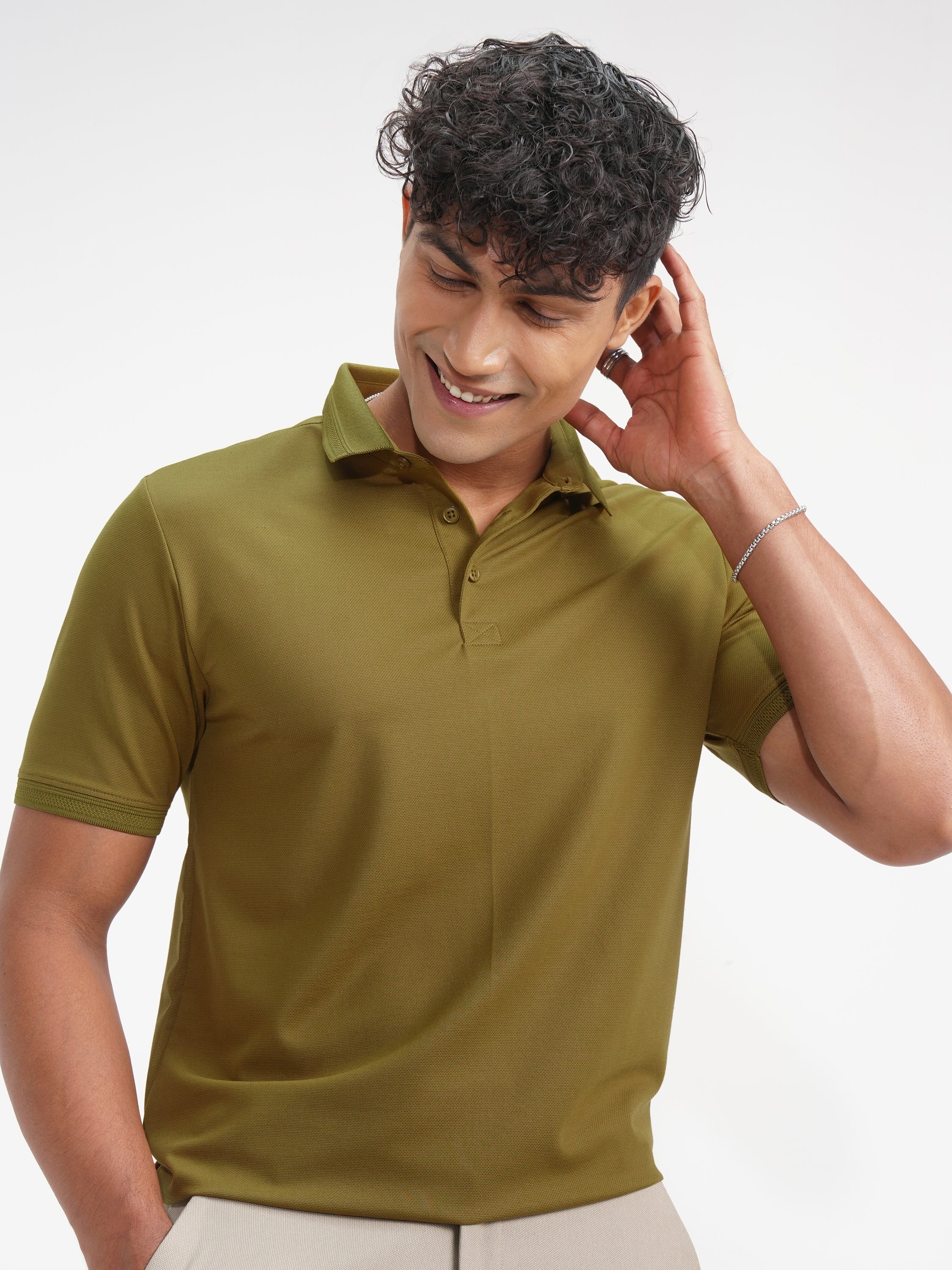 Highlander Men Khaki Solid Polo Collar T-Shirt - Khaki - Image 1