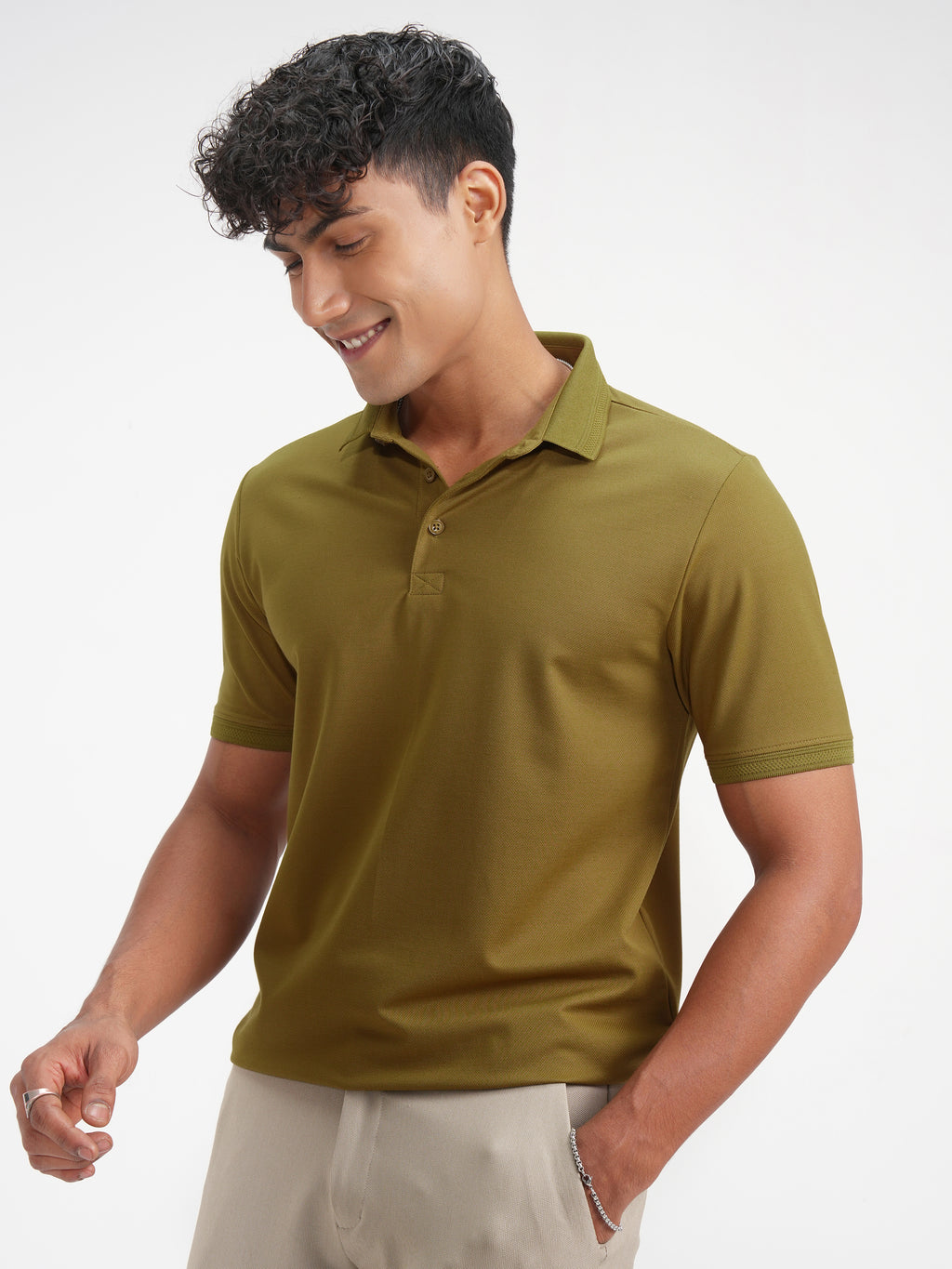 Highlander Men Khaki Solid Polo Collar T-Shirt - Khaki - Image 4