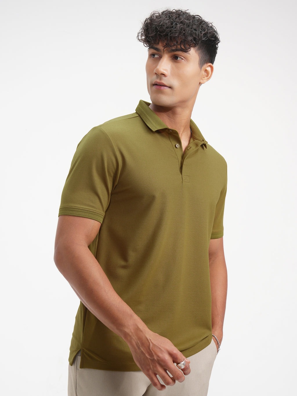 Highlander Men Khaki Solid Polo Collar T-Shirt - Khaki - Image 6