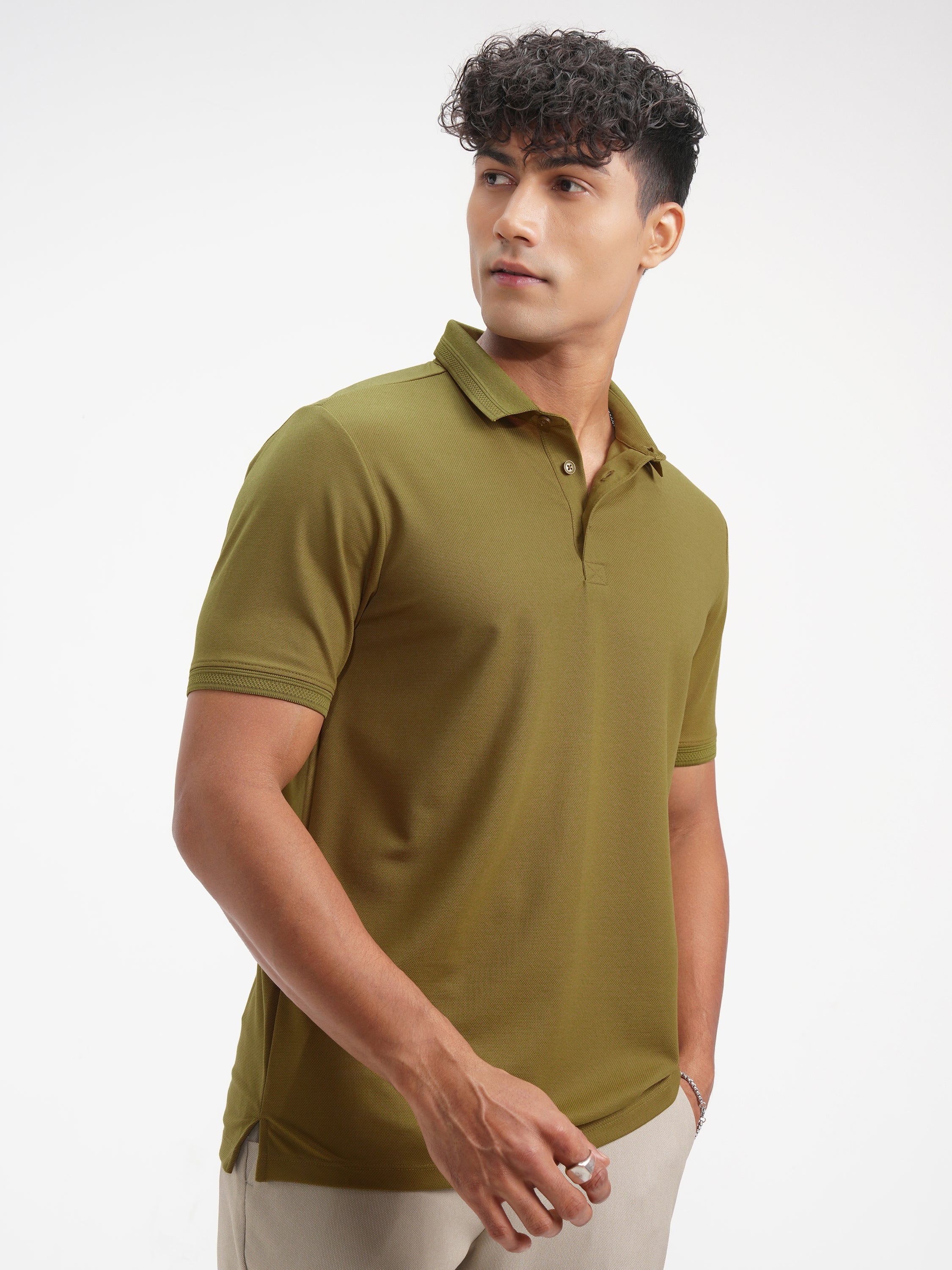Highlander Men Khaki Solid Polo Collar T-Shirt - Khaki - Image 6