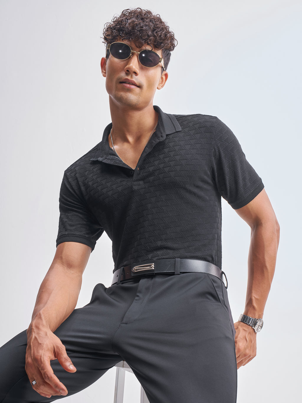 Highlander Men Black Self Design Polo Collar T-Shirt - Black - Image 1
