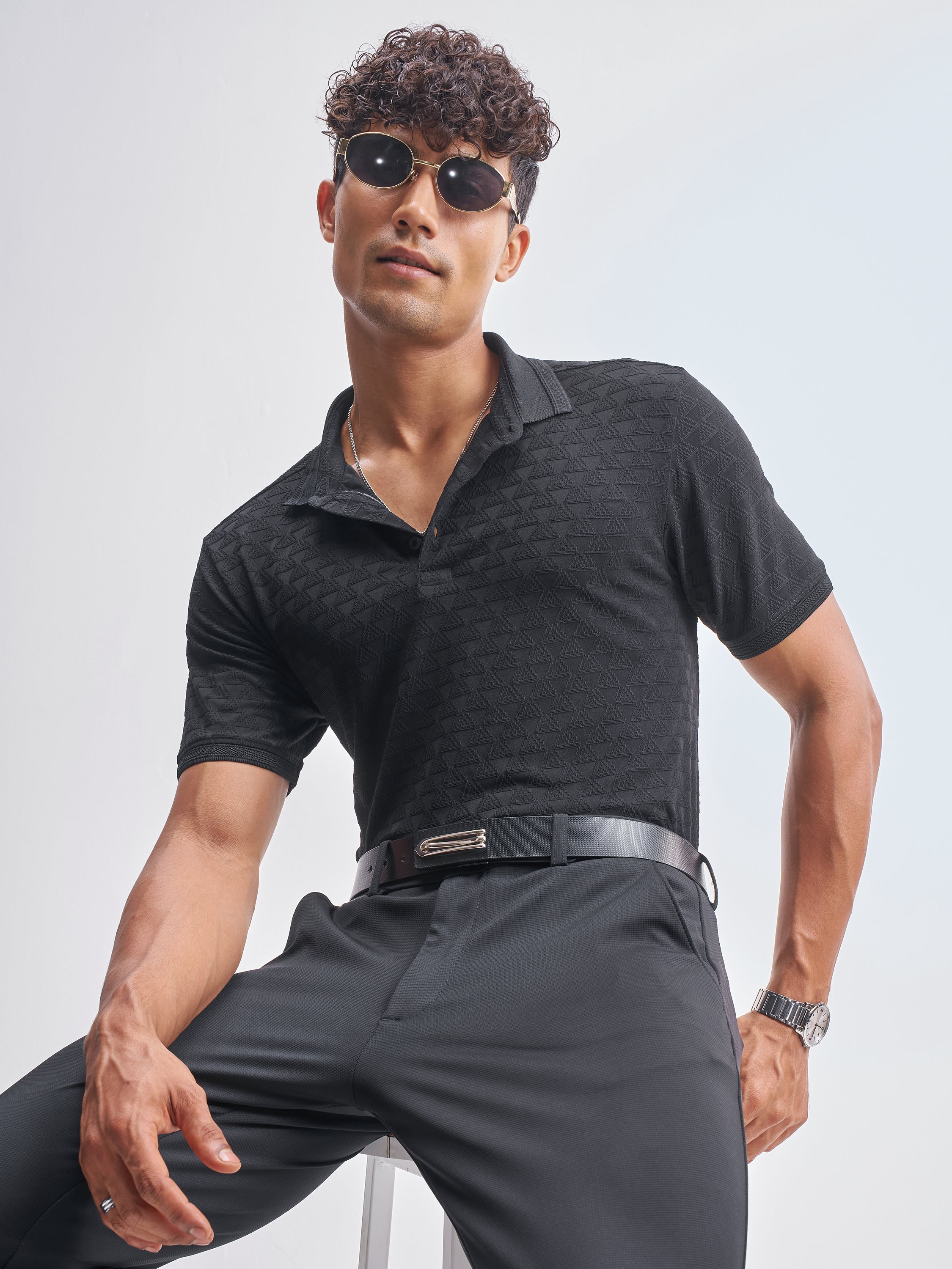 Highlander Men Black Self Design Polo Collar T-Shirt - Black - Image 1