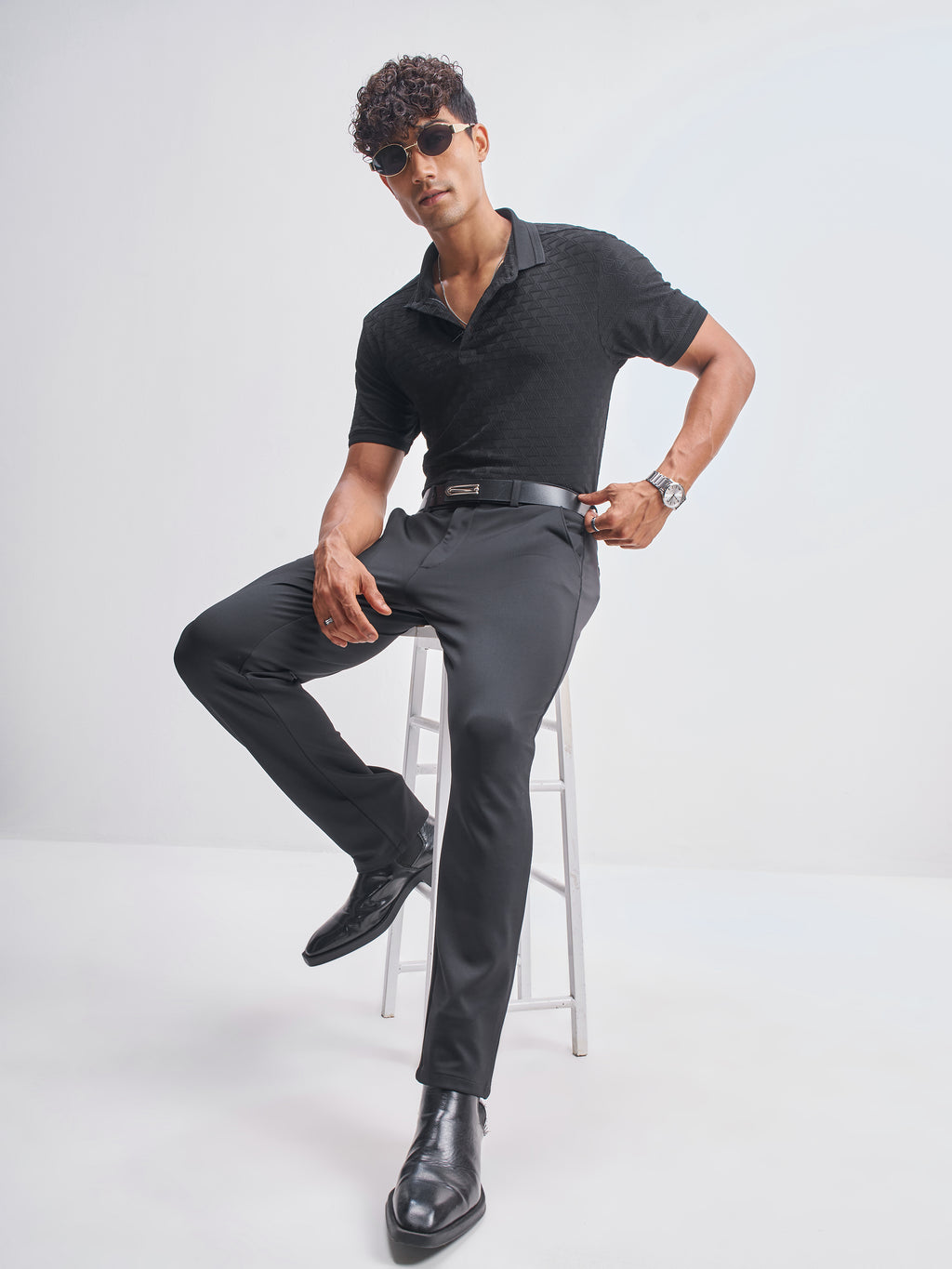 Highlander Men Black Self Design Polo Collar T-Shirt - Black - Image 2