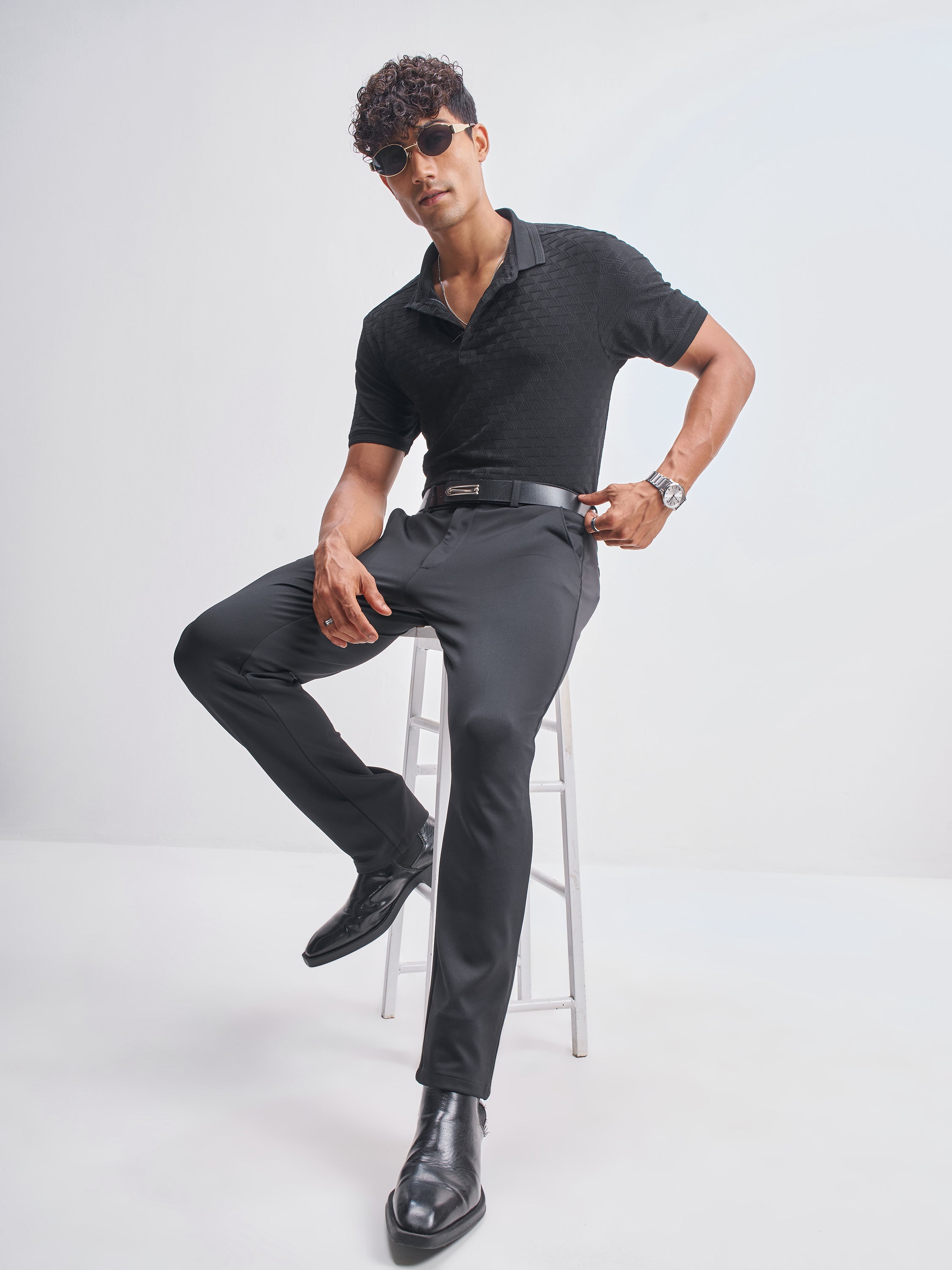Highlander Men Black Self Design Polo Collar T-Shirt - Black - Image 2