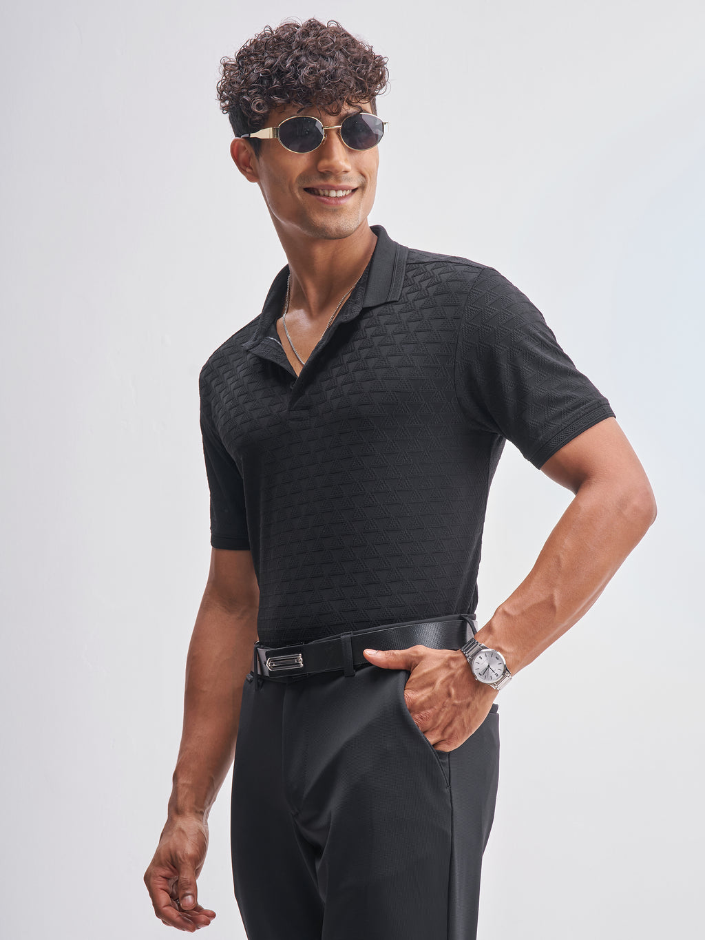Highlander Men Black Self Design Polo Collar T-Shirt - Black - Image 4
