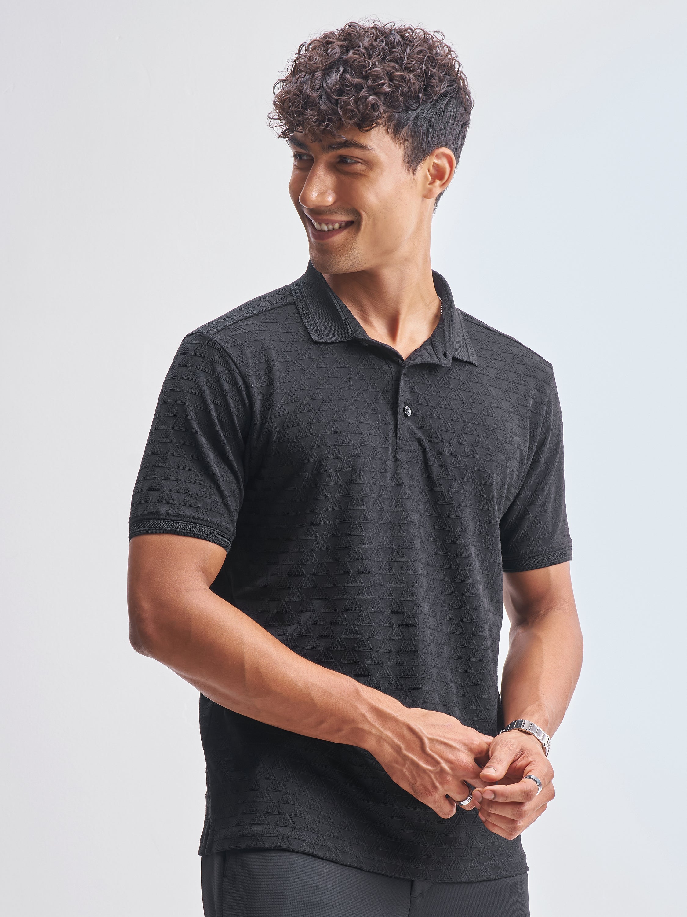 Highlander Men Black Self Design Polo Collar T-Shirt - Black - Image 6