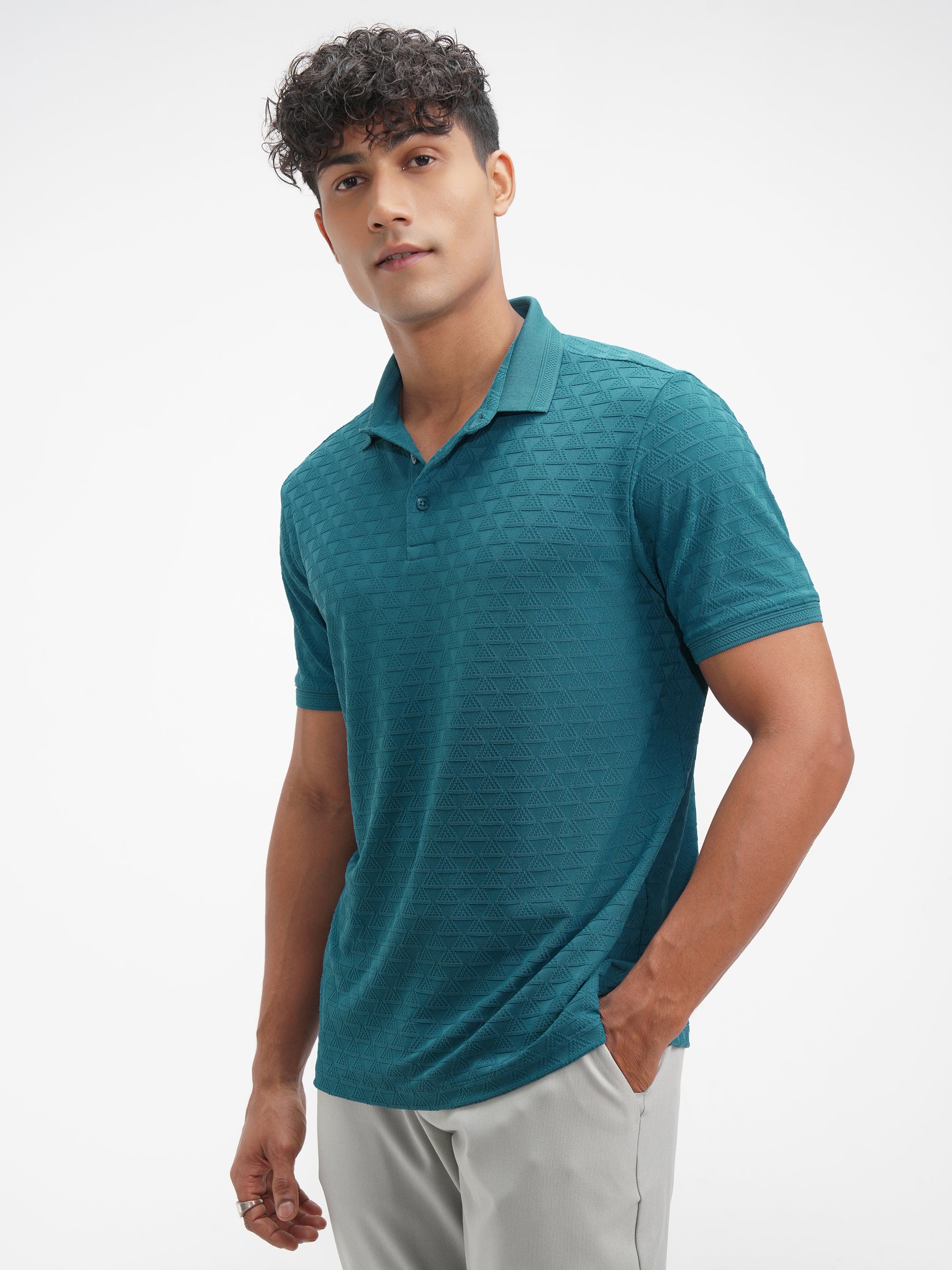 Highlander Men Teal Solid Polo Collar T-Shirt - Teal - Image 4