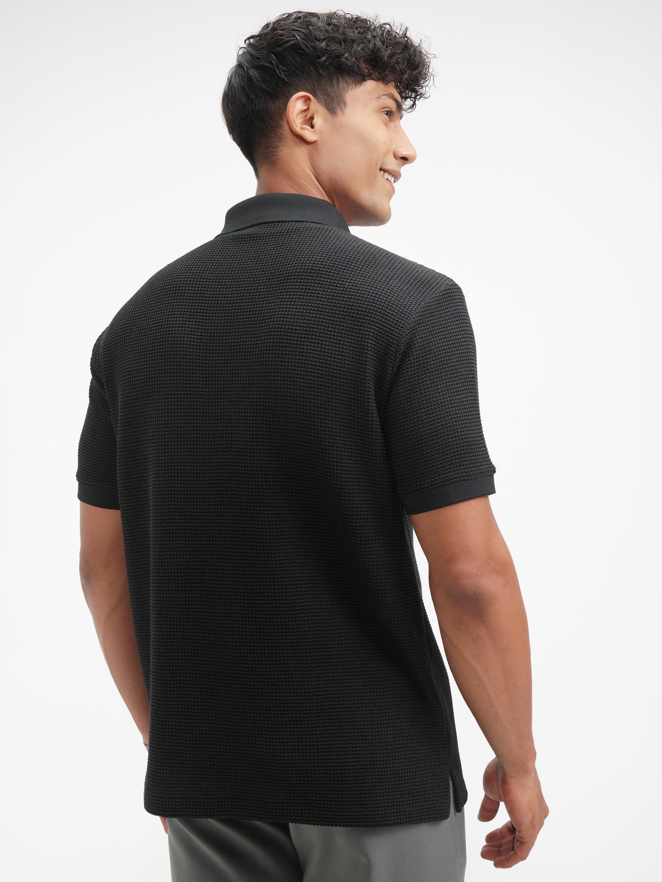 Highlander Men Black Solid Polo Collar T-Shirt - Black - Image 3