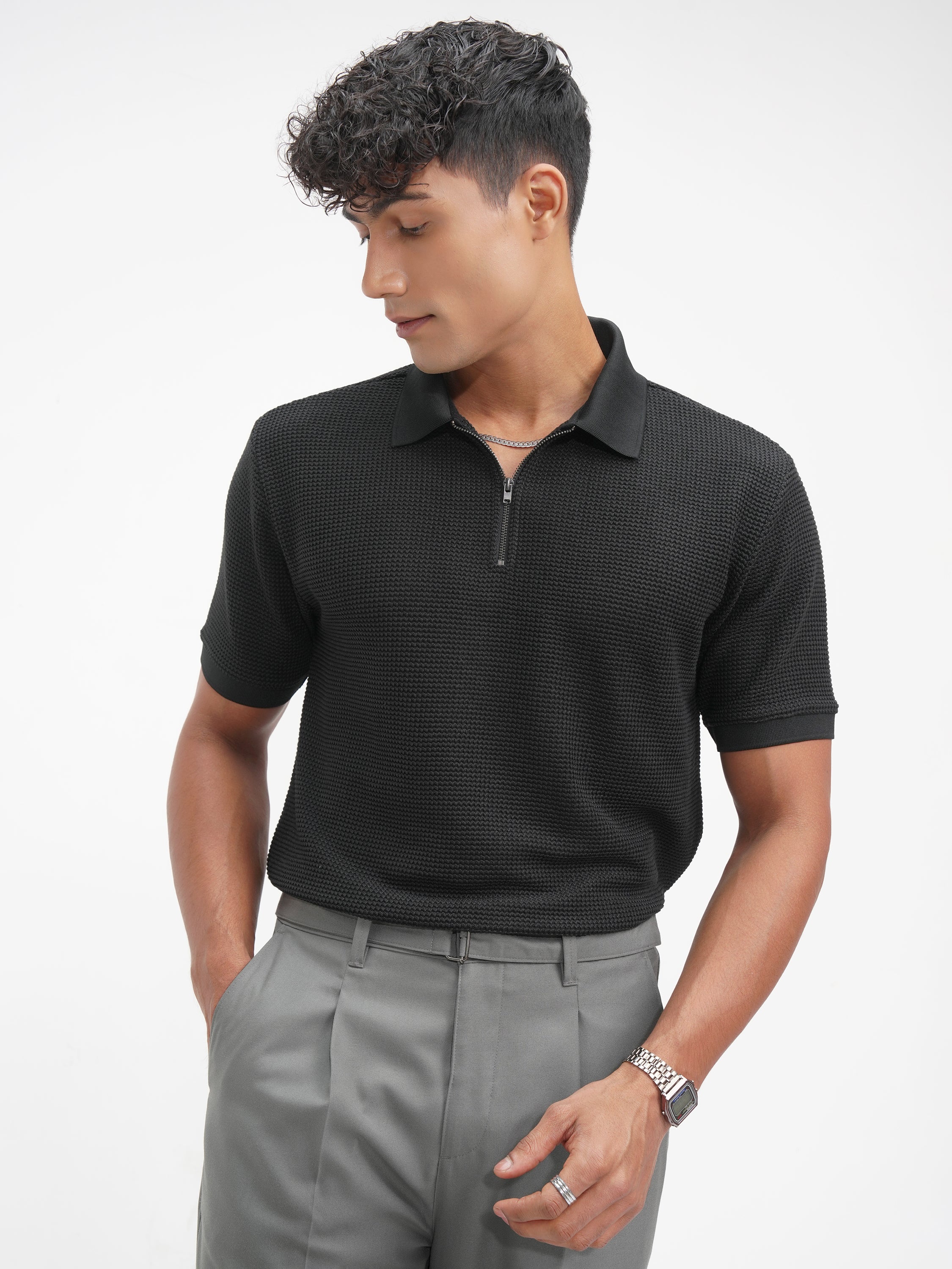 Highlander Men Black Solid Polo Collar T-Shirt - Black - Image 4