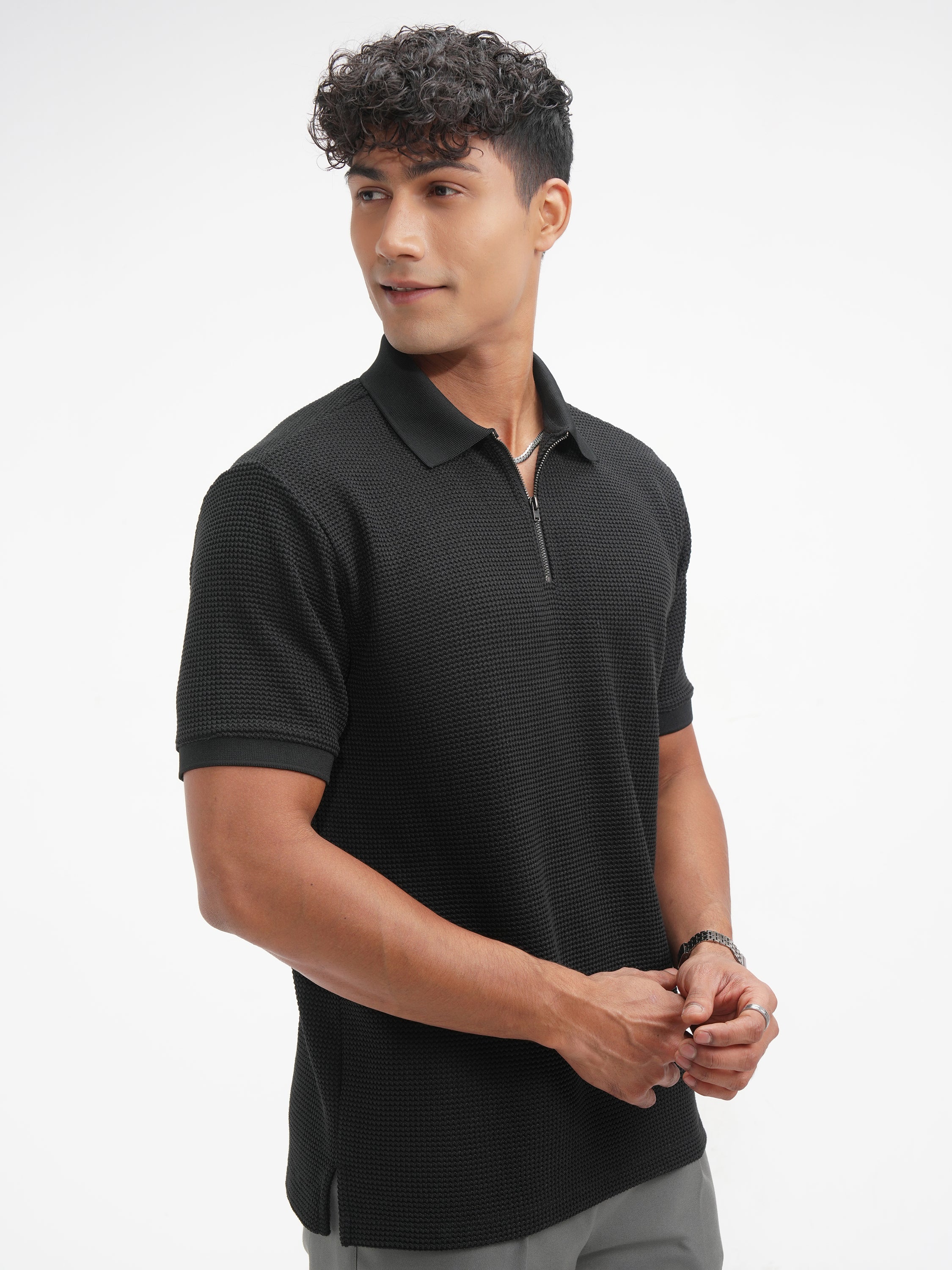 Highlander Men Black Solid Polo Collar T-Shirt - Black - Image 6