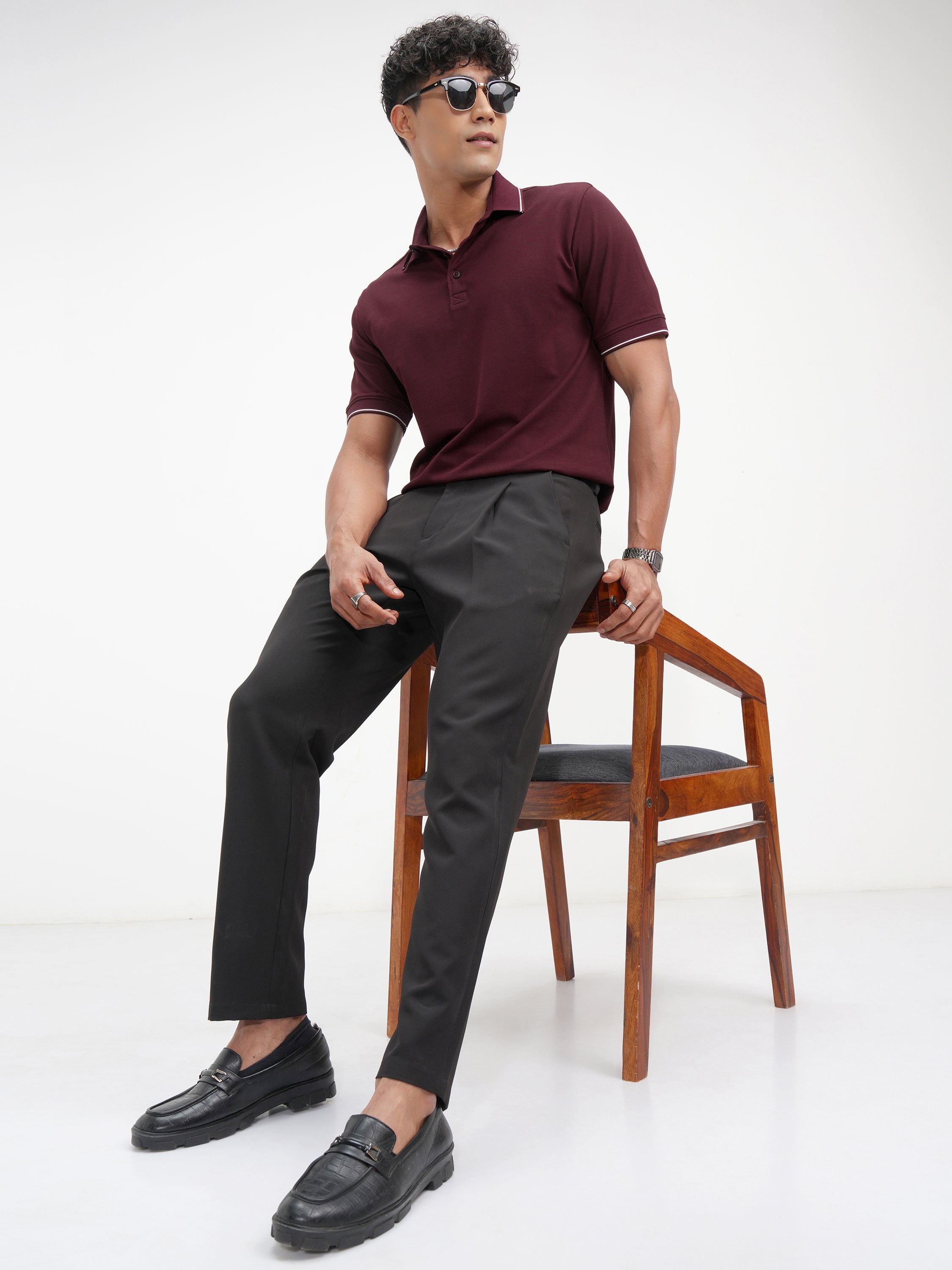 Highlander Men Maroon Solid Polo Collar T-Shirt - Maroon - Image 2