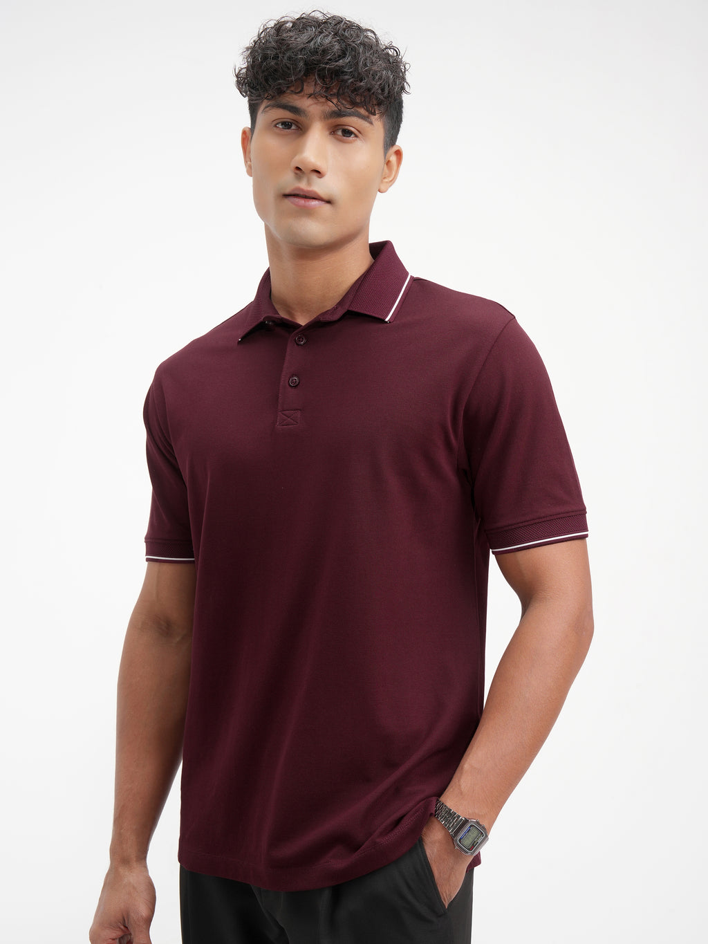 Highlander Men Maroon Solid Polo Collar T-Shirt - Maroon - Image 4