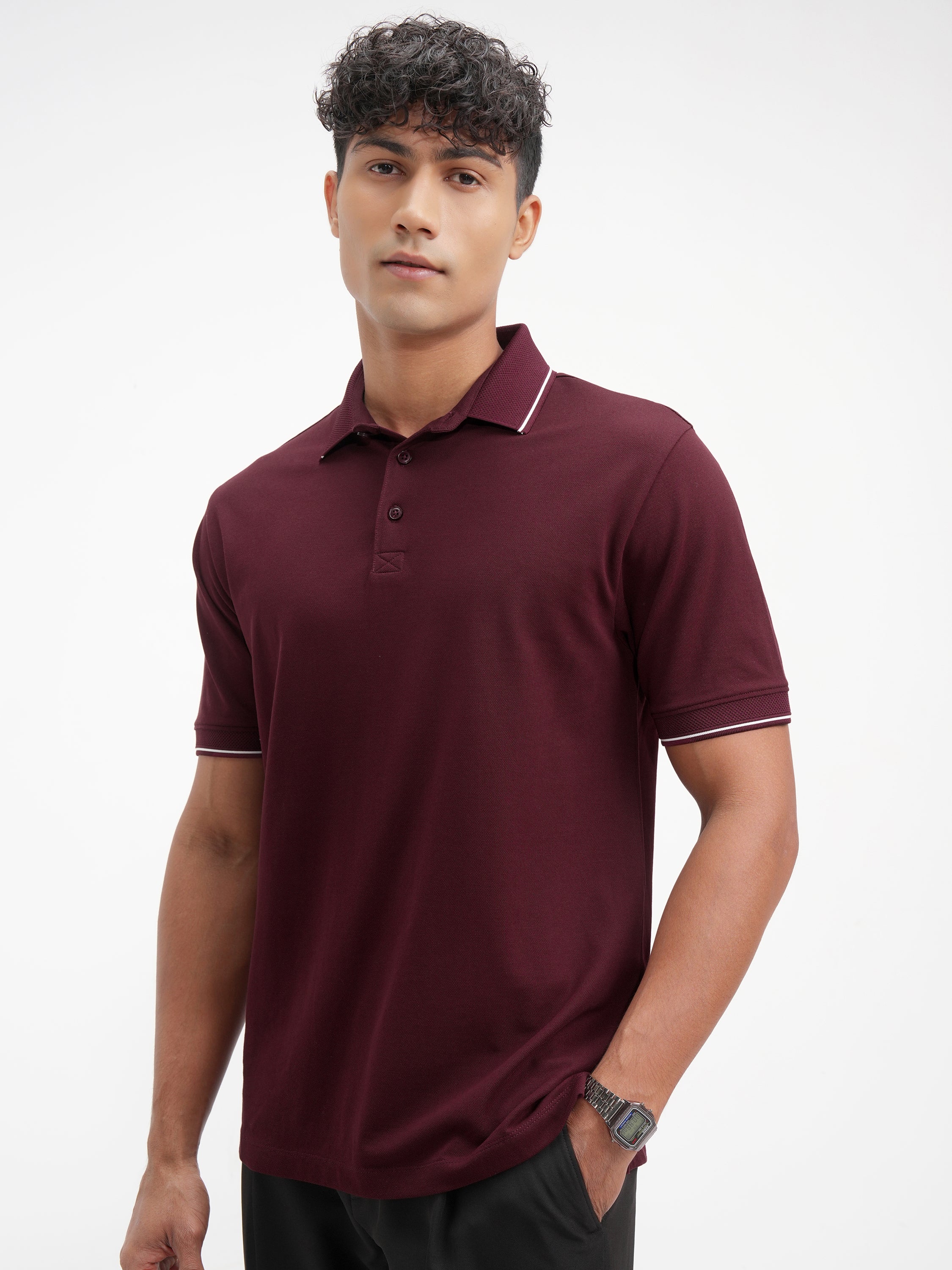Highlander Men Maroon Solid Polo Collar T-Shirt - Maroon - Image 4