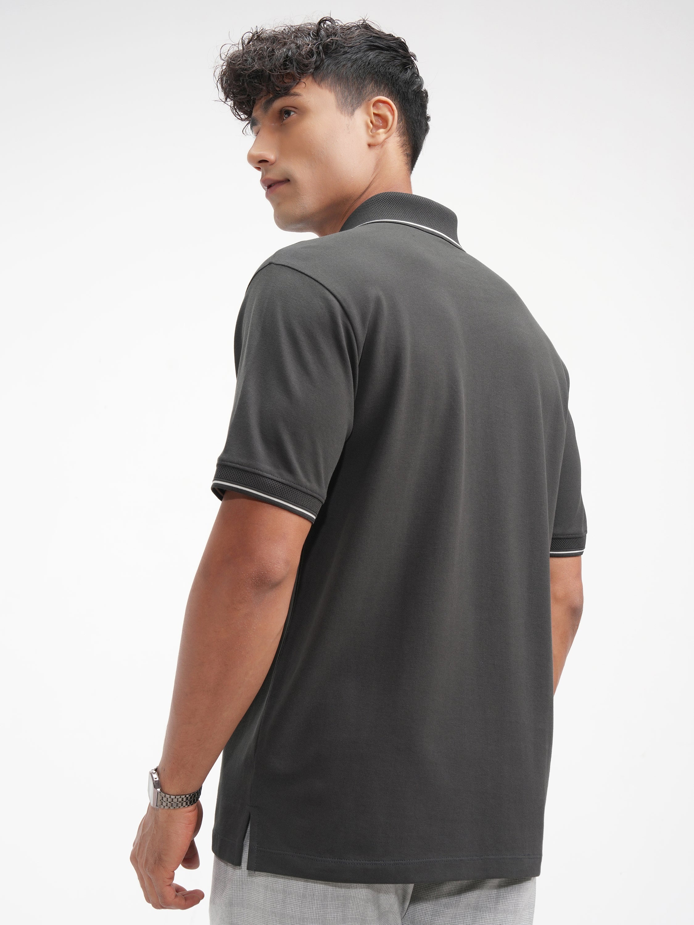 Highlander Men Grey Solid Polo Collar T-Shirt - Grey - Image 3