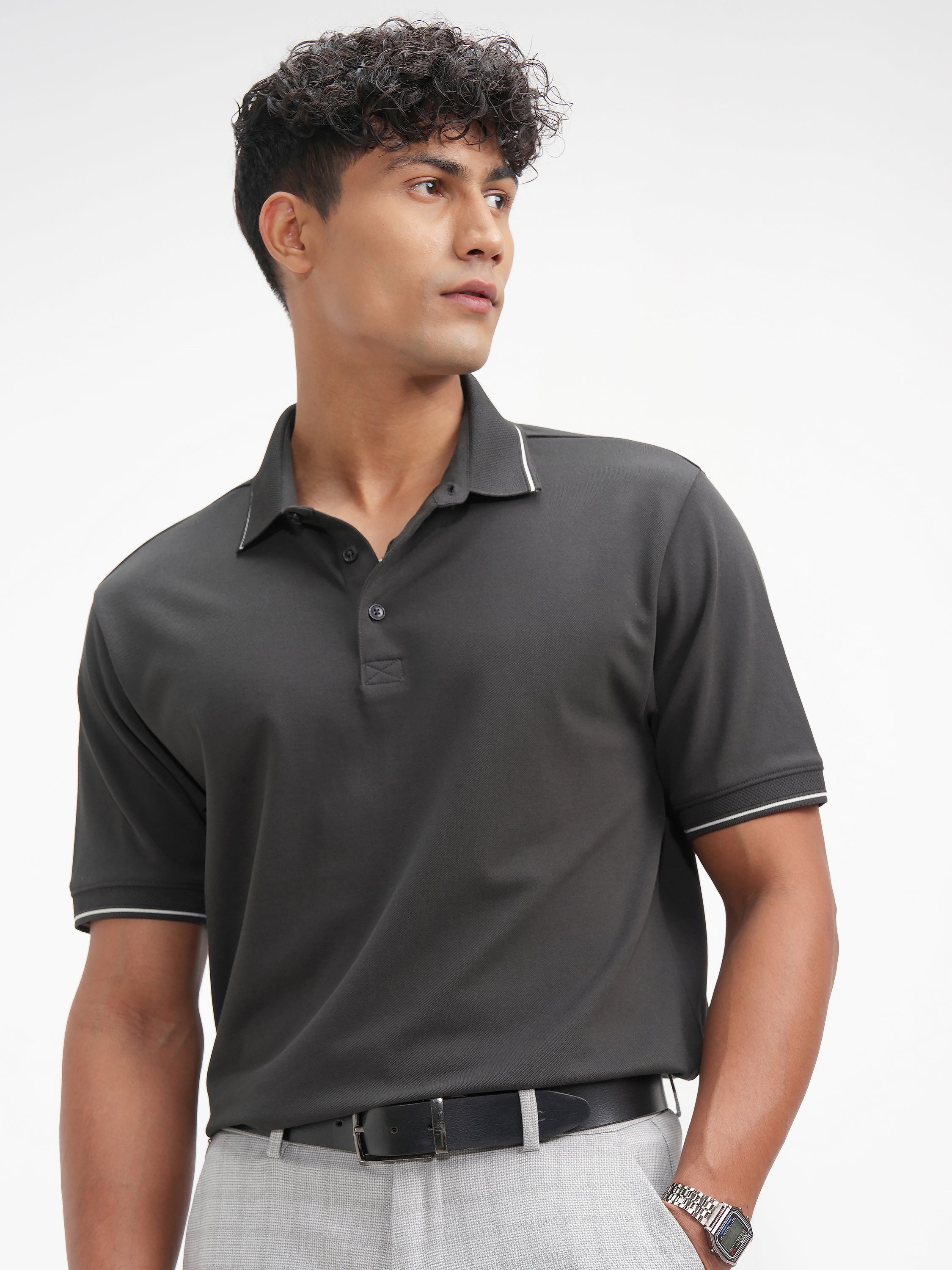 Highlander Men Grey Solid Polo Collar T-Shirt - Grey - Image 4