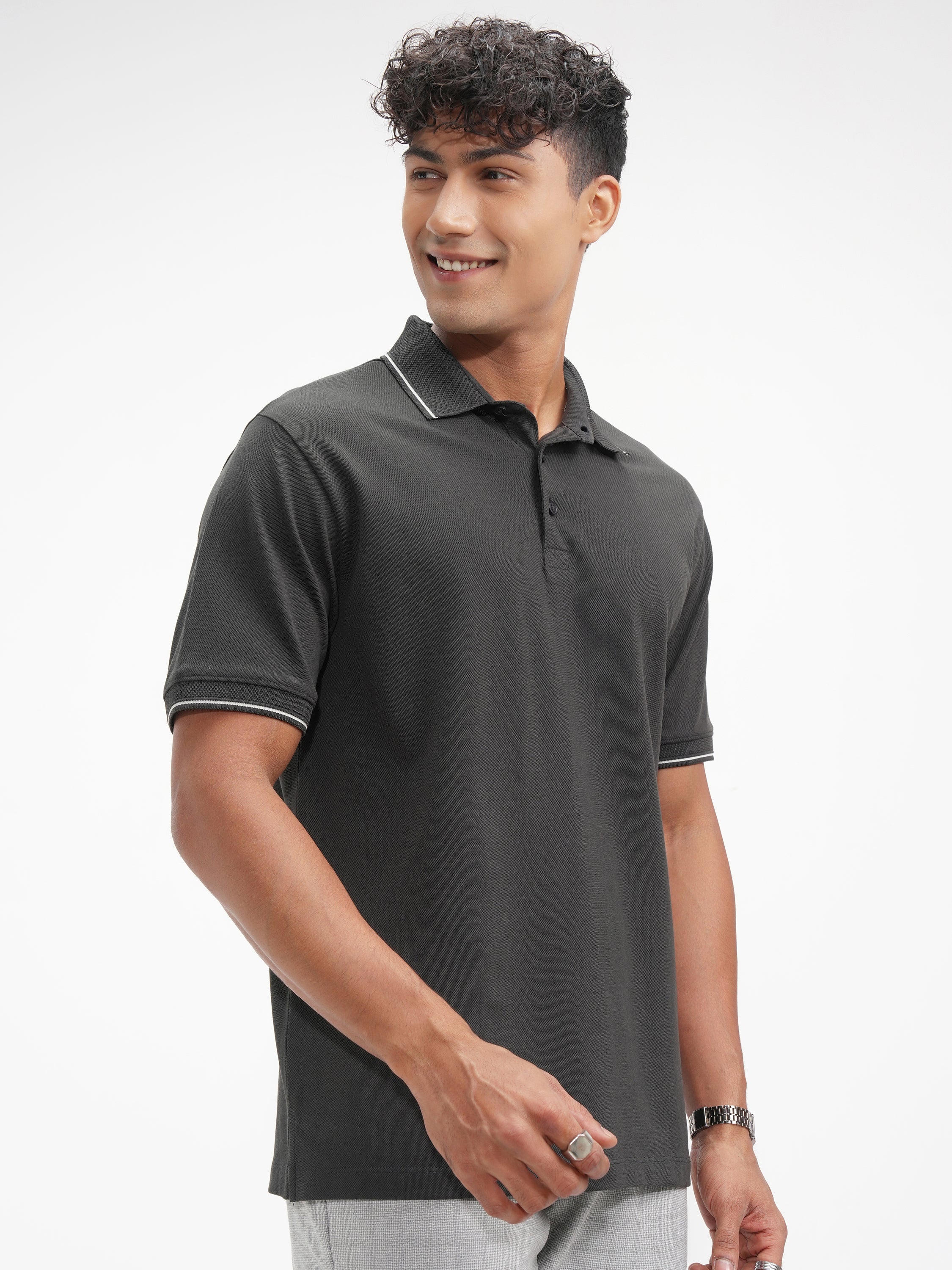 Highlander Men Grey Solid Polo Collar T-Shirt - Grey - Image 6