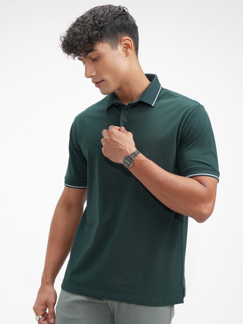 Highlander Men Green Solid Polo Collar T-Shirt - Green - Image 4