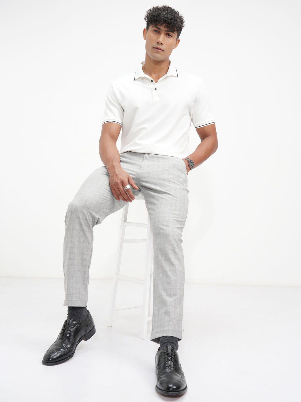 Highlander Men White Solid Polo Collar T-Shirt - White - Image 2