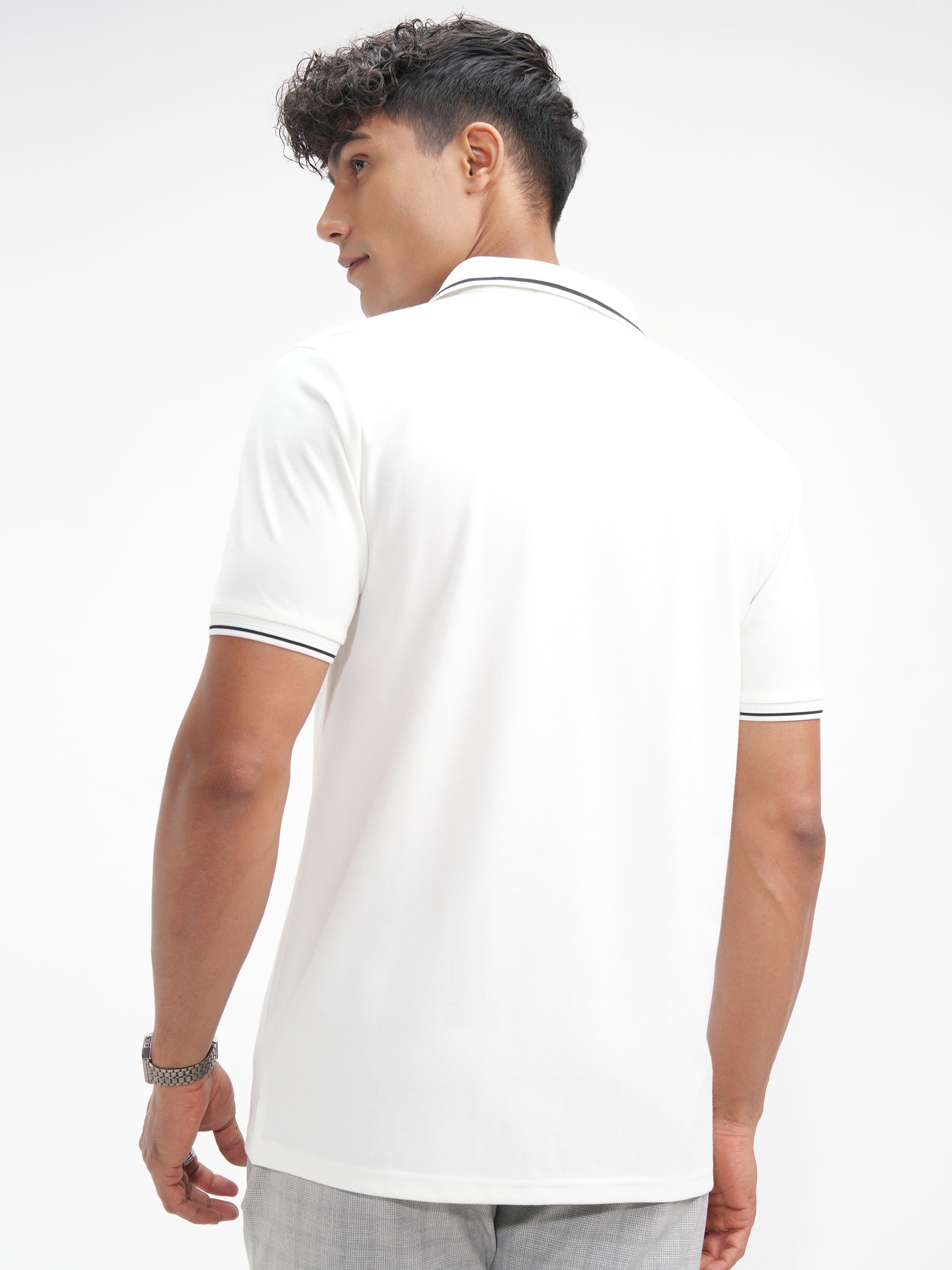 Highlander Men White Solid Polo Collar T-Shirt - White - Image 3