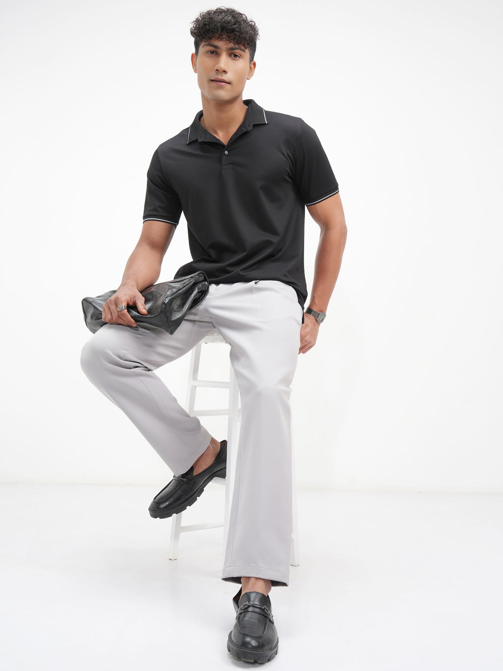 Highlander Men Black Solid Polo Collar T-Shirt - Black - Image 2
