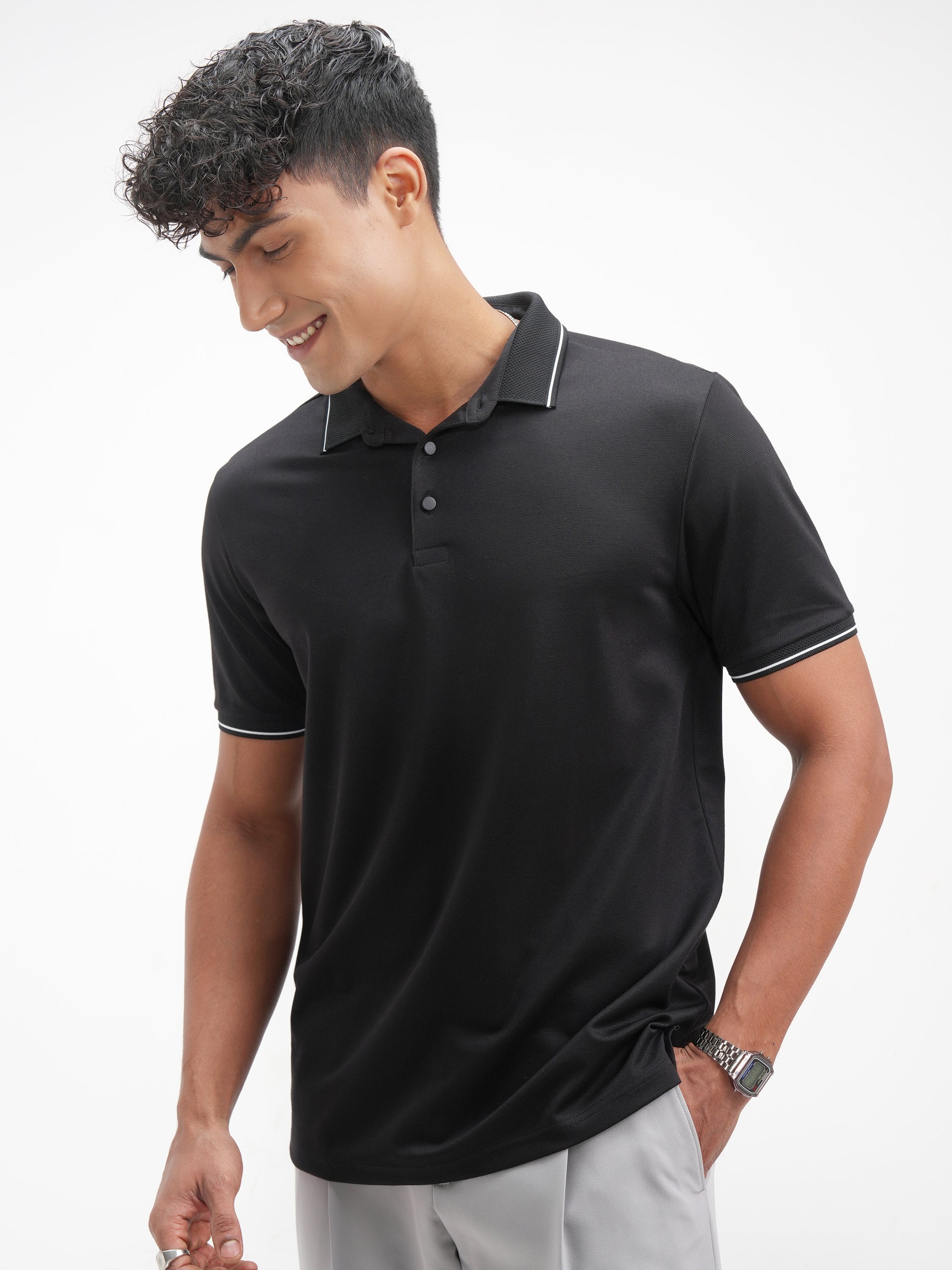 Highlander Men Black Solid Polo Collar T-Shirt - Black - Image 4