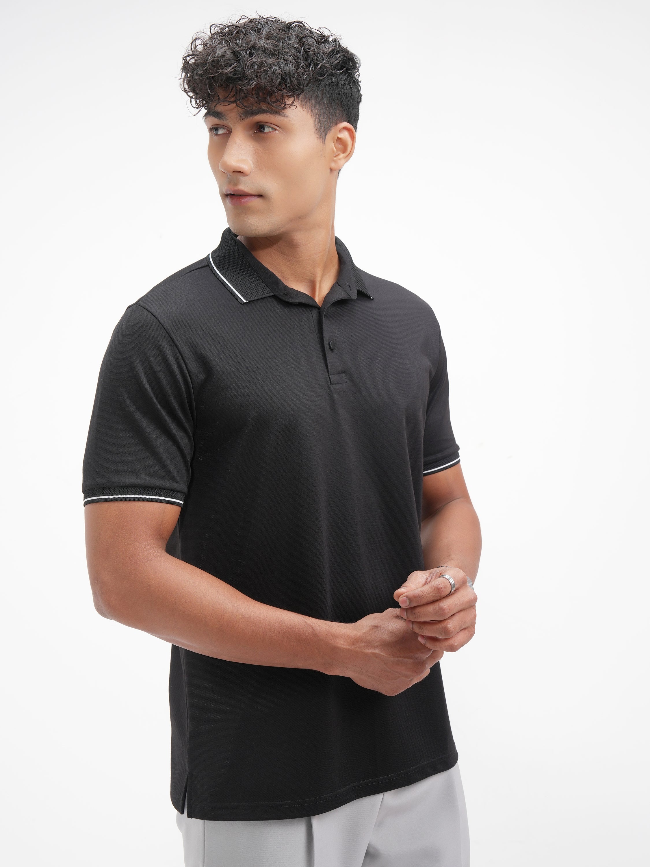 Highlander Men Black Solid Polo Collar T-Shirt - Black - Image 6