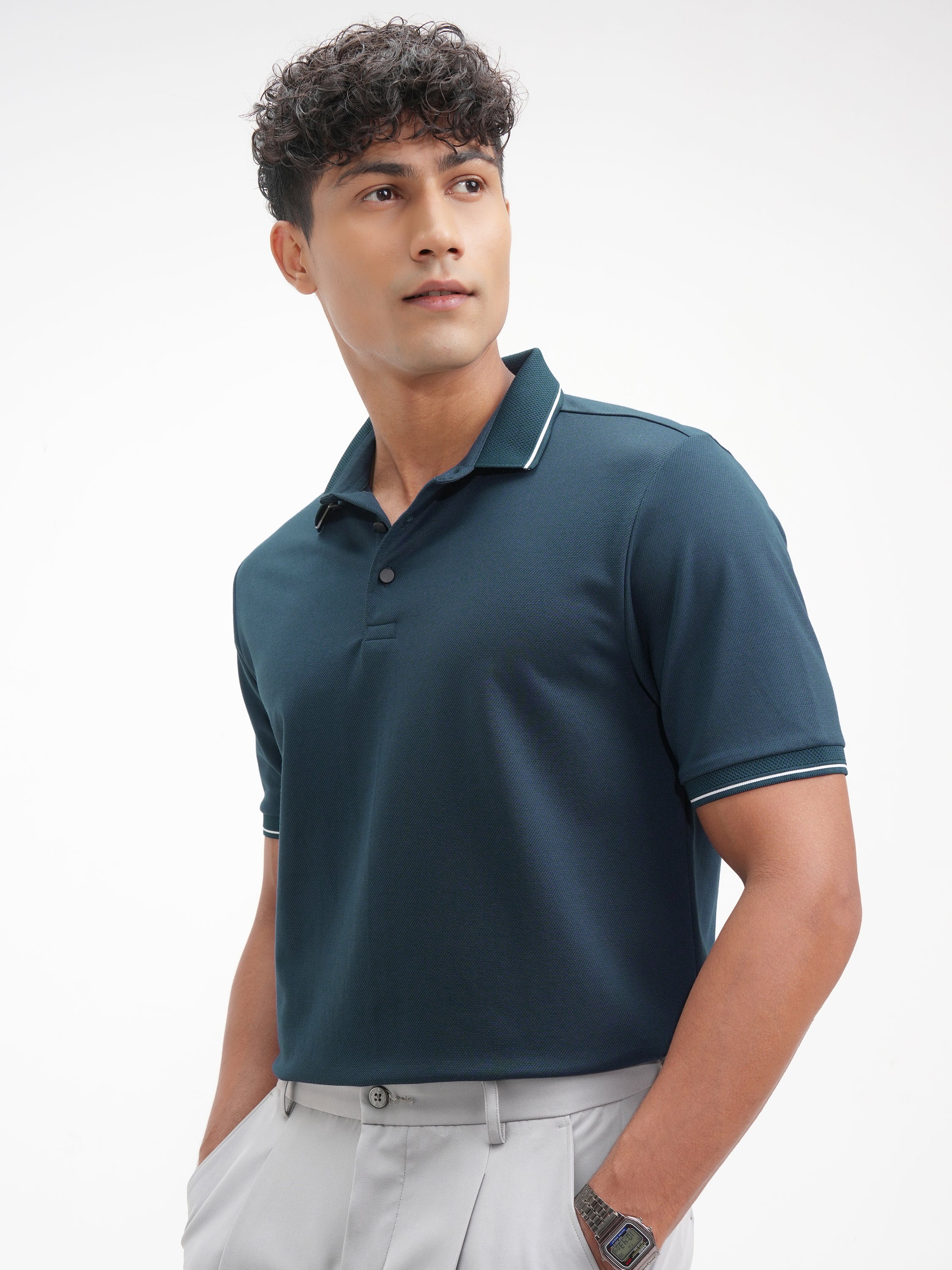 Highlander Men Navy Blue Solid Polo Collar T-Shirt - Navy Blue - Image 4