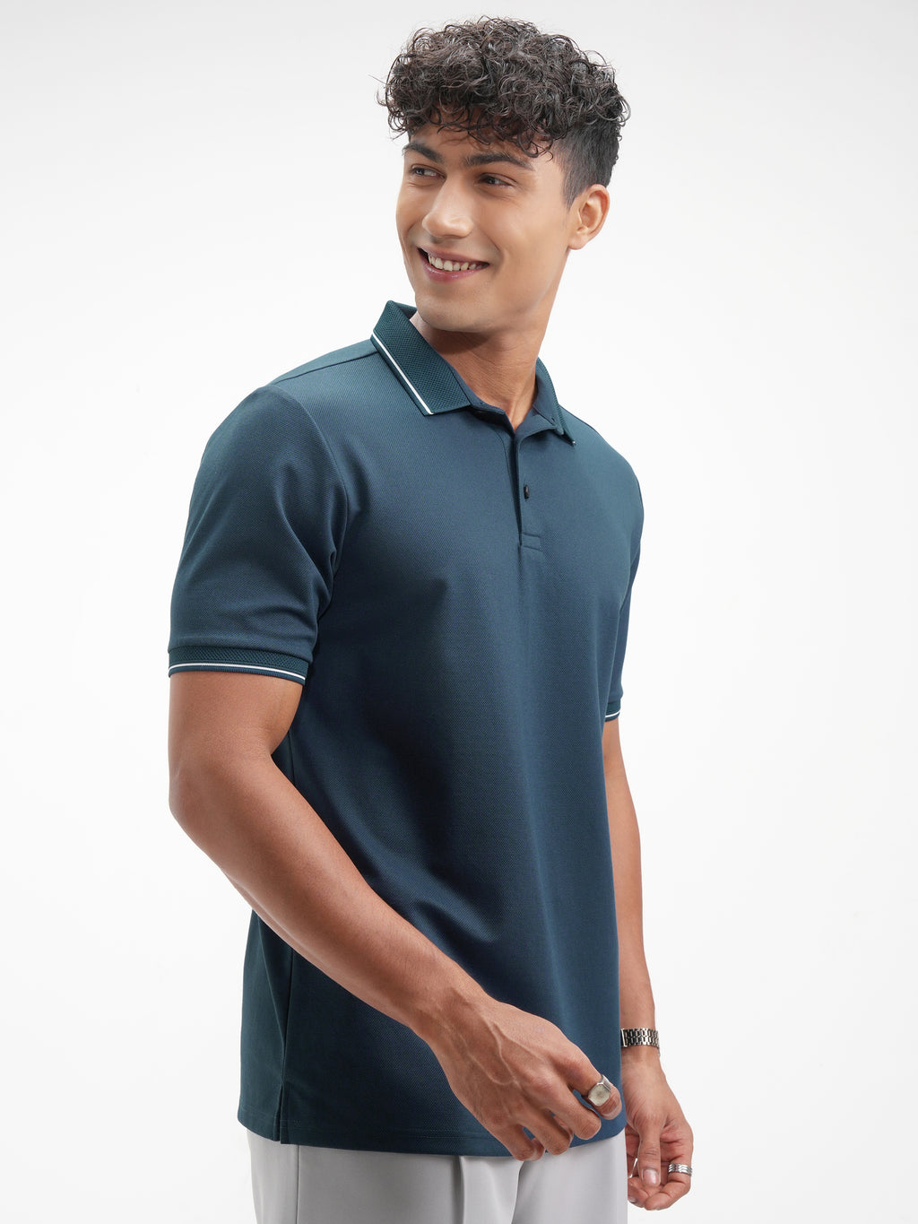 Highlander Men Navy Blue Solid Polo Collar T-Shirt - Navy Blue - Image 6