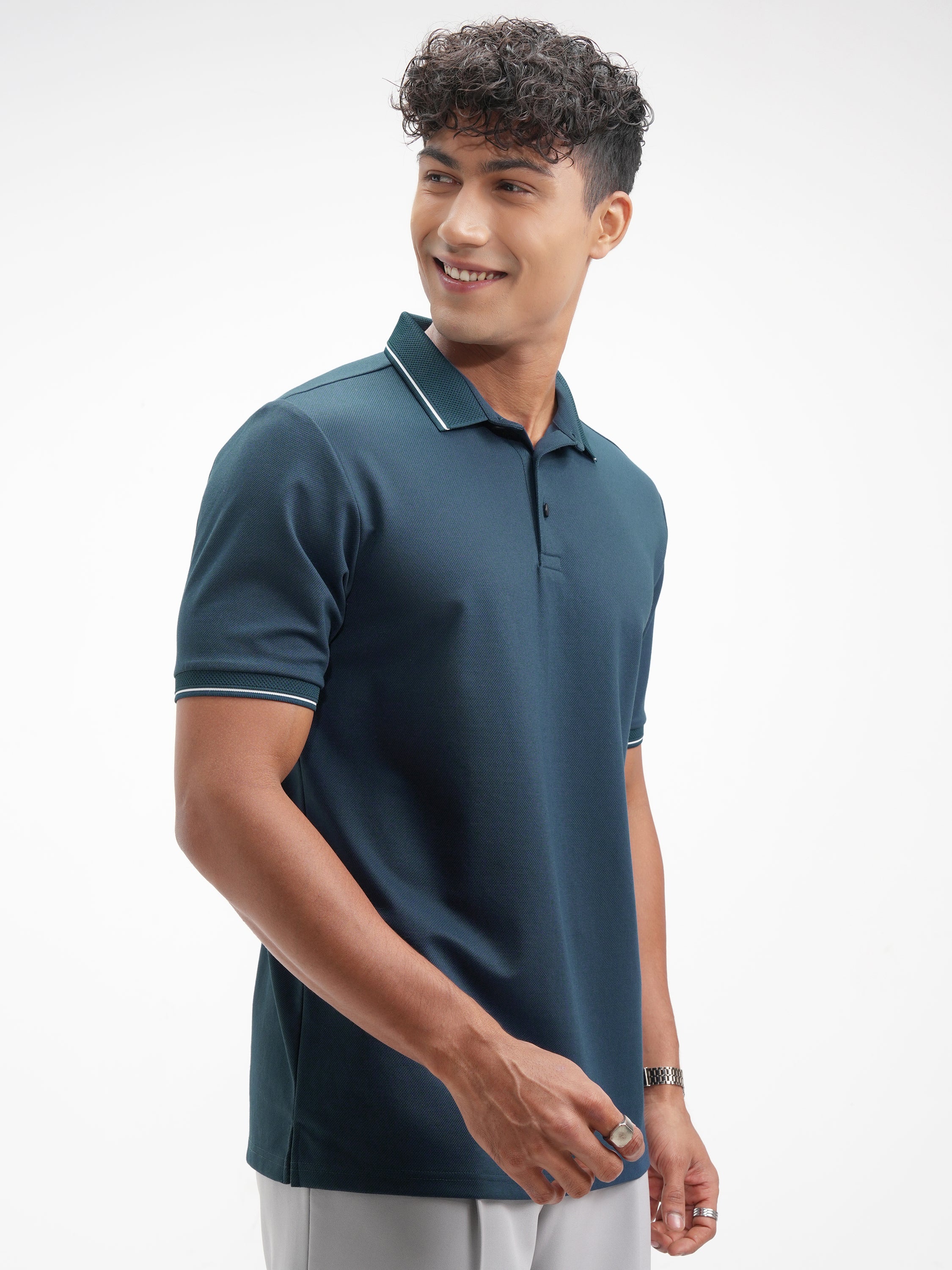 Highlander Men Navy Blue Solid Polo Collar T-Shirt - Navy Blue - Image 6
