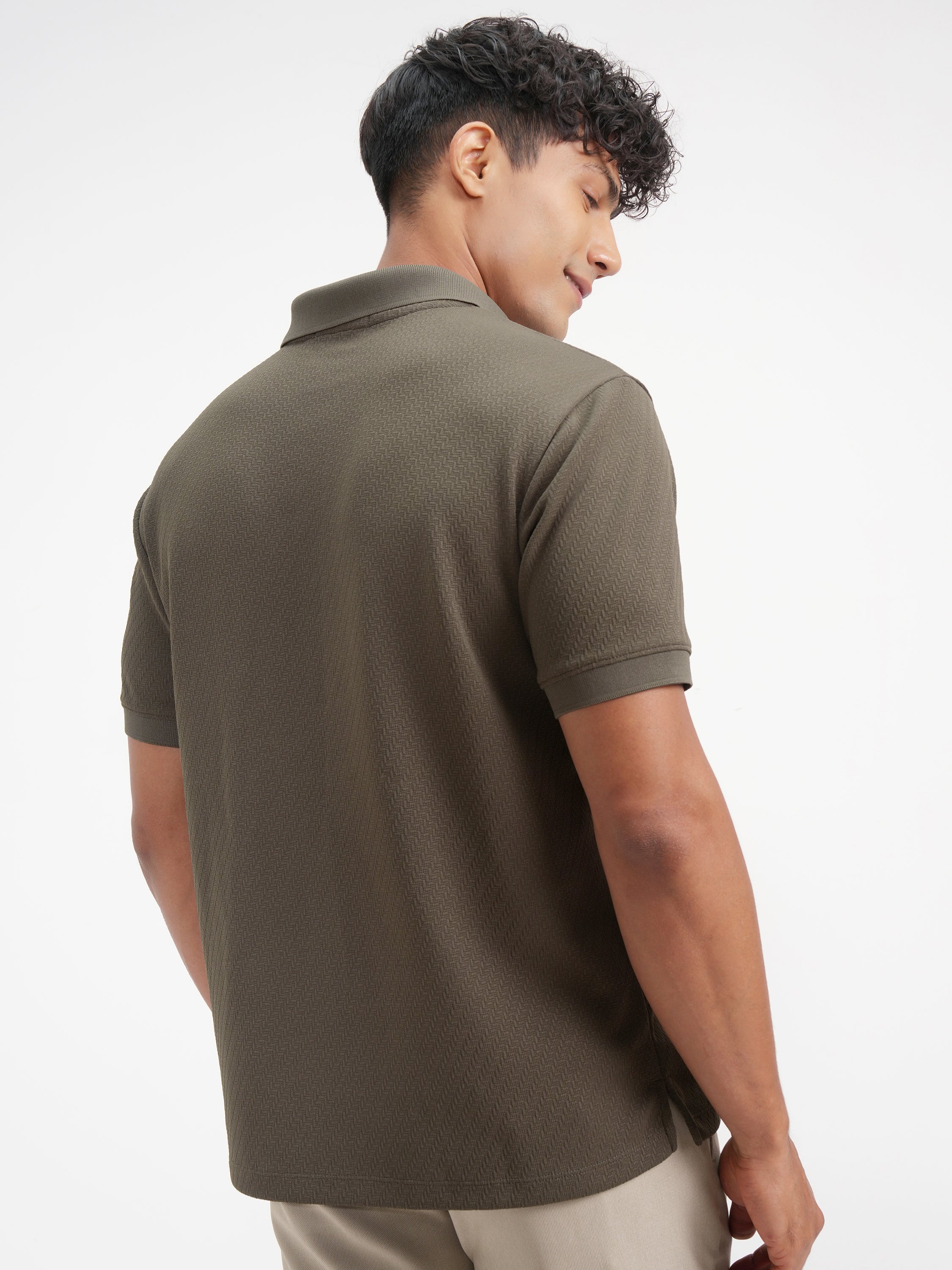 Highlander Men Olive Solid Polo Collar T-Shirt - Olive - Image 3