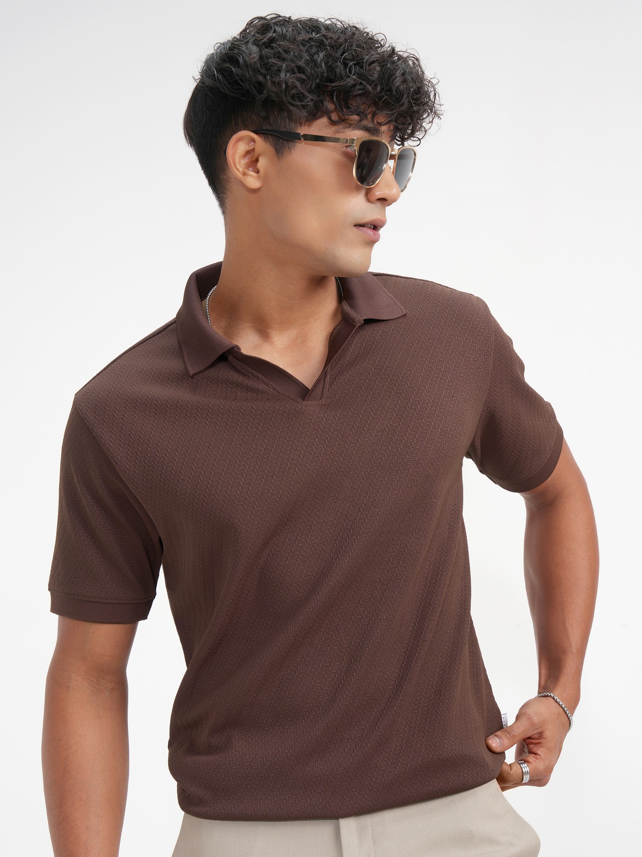 Highlander Men Brown Solid Polo Collar T-Shirt - Brown - Image 1