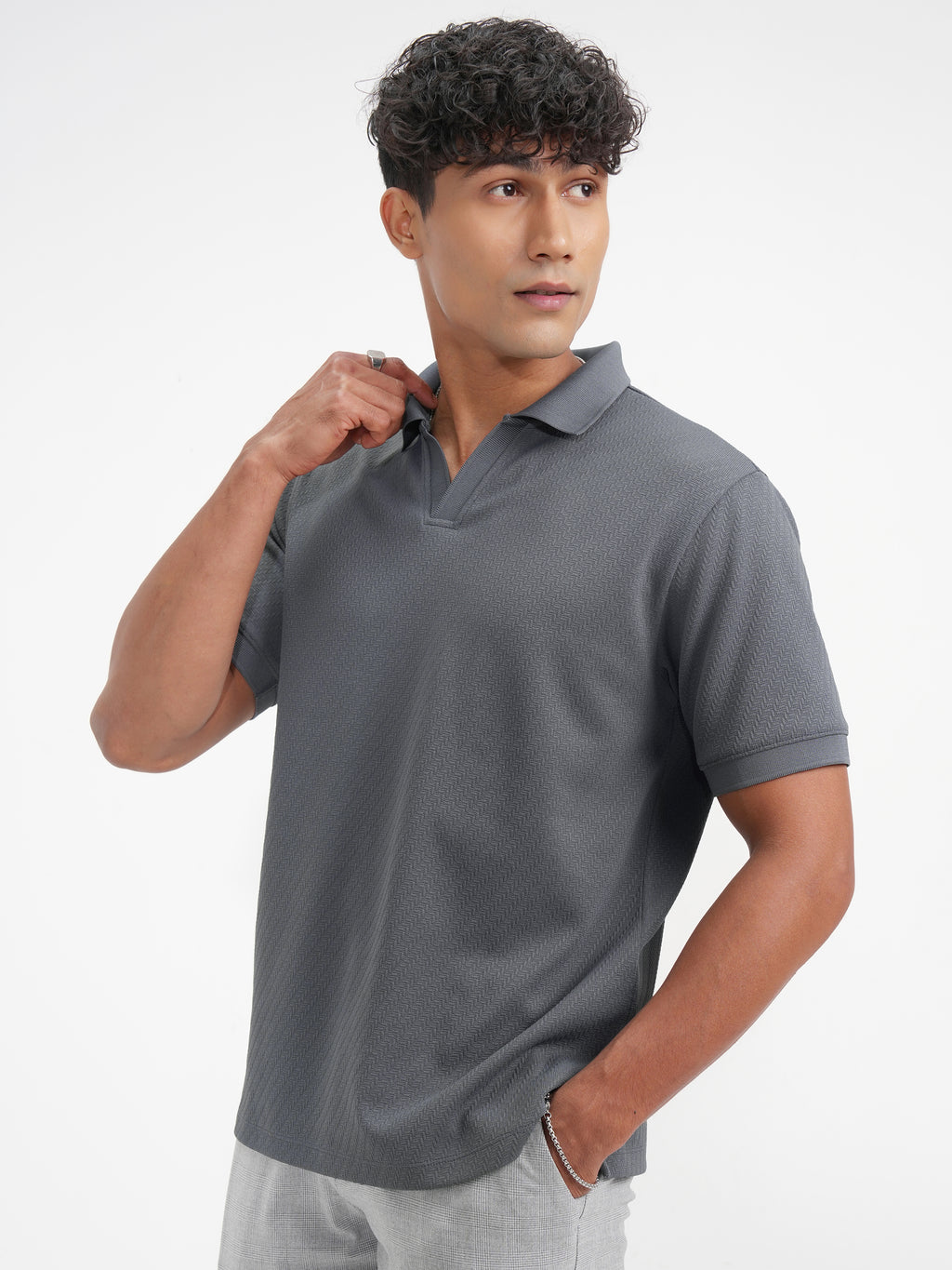Highlander Men Grey Solid Polo Collar T-Shirt - Grey - Image 4