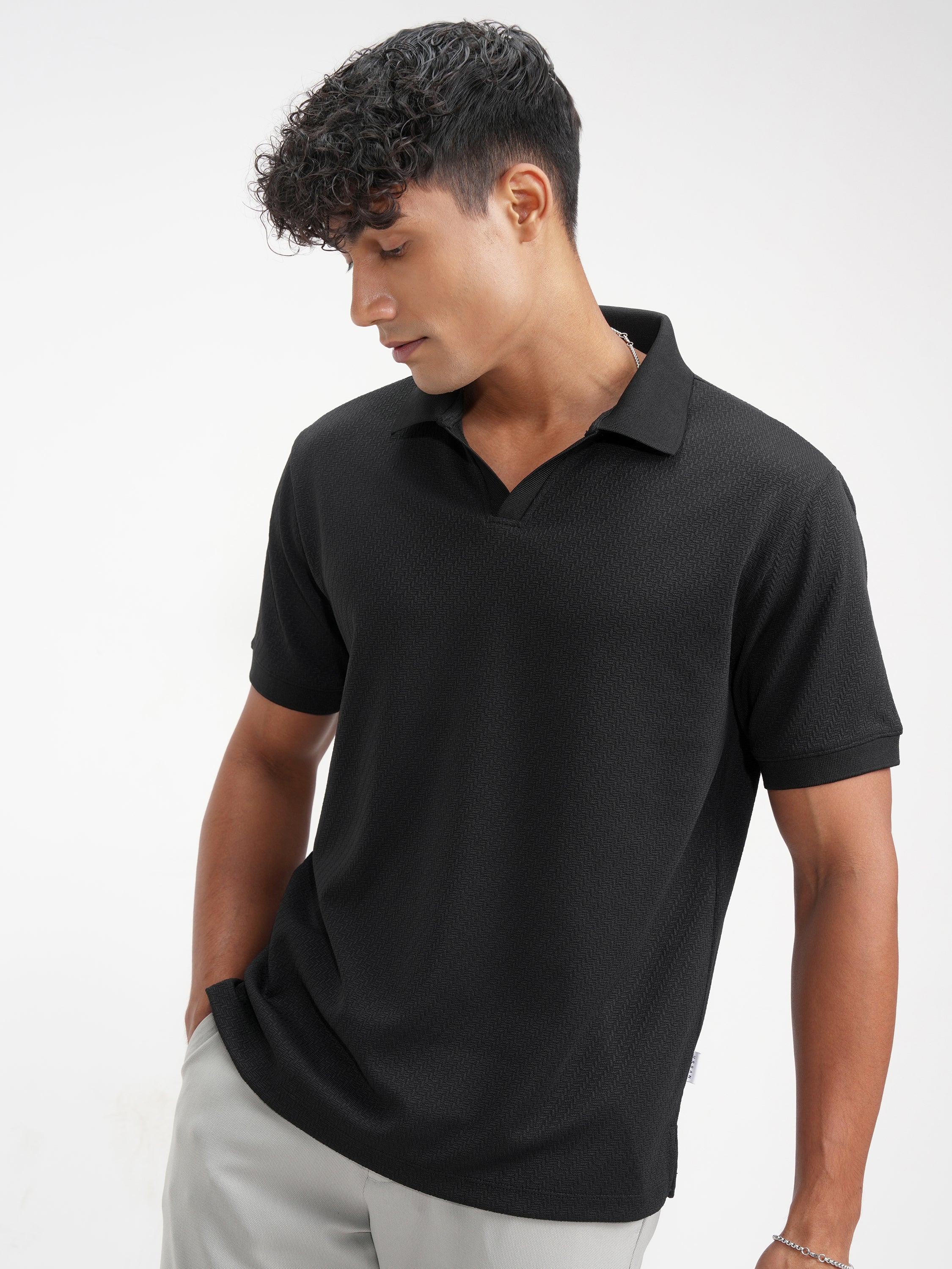 Highlander Men Black Solid Polo Collar T-Shirt - Black - Image 4